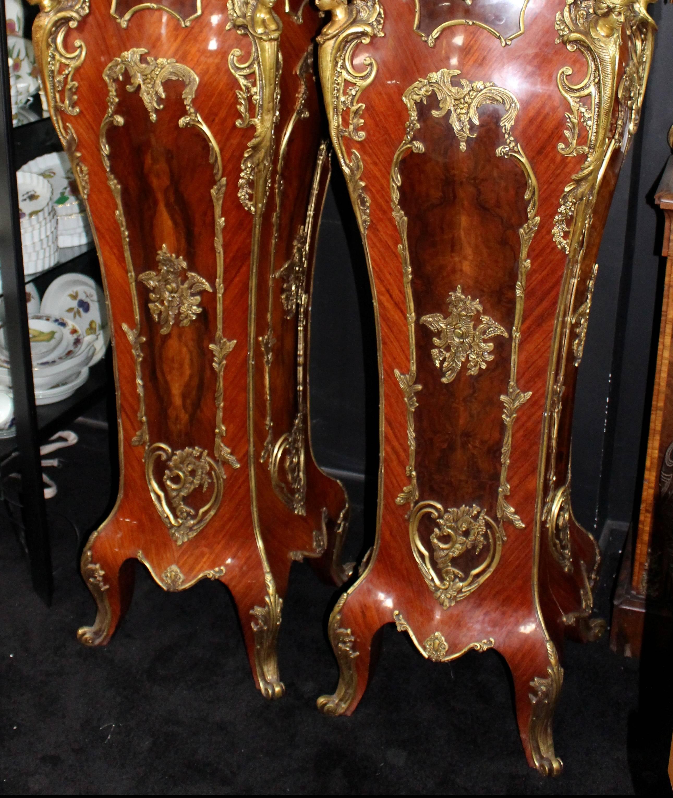 Pair of Louis XV Style Marble-Topped Ormolu-Mounted Inlaid Pedestals 5