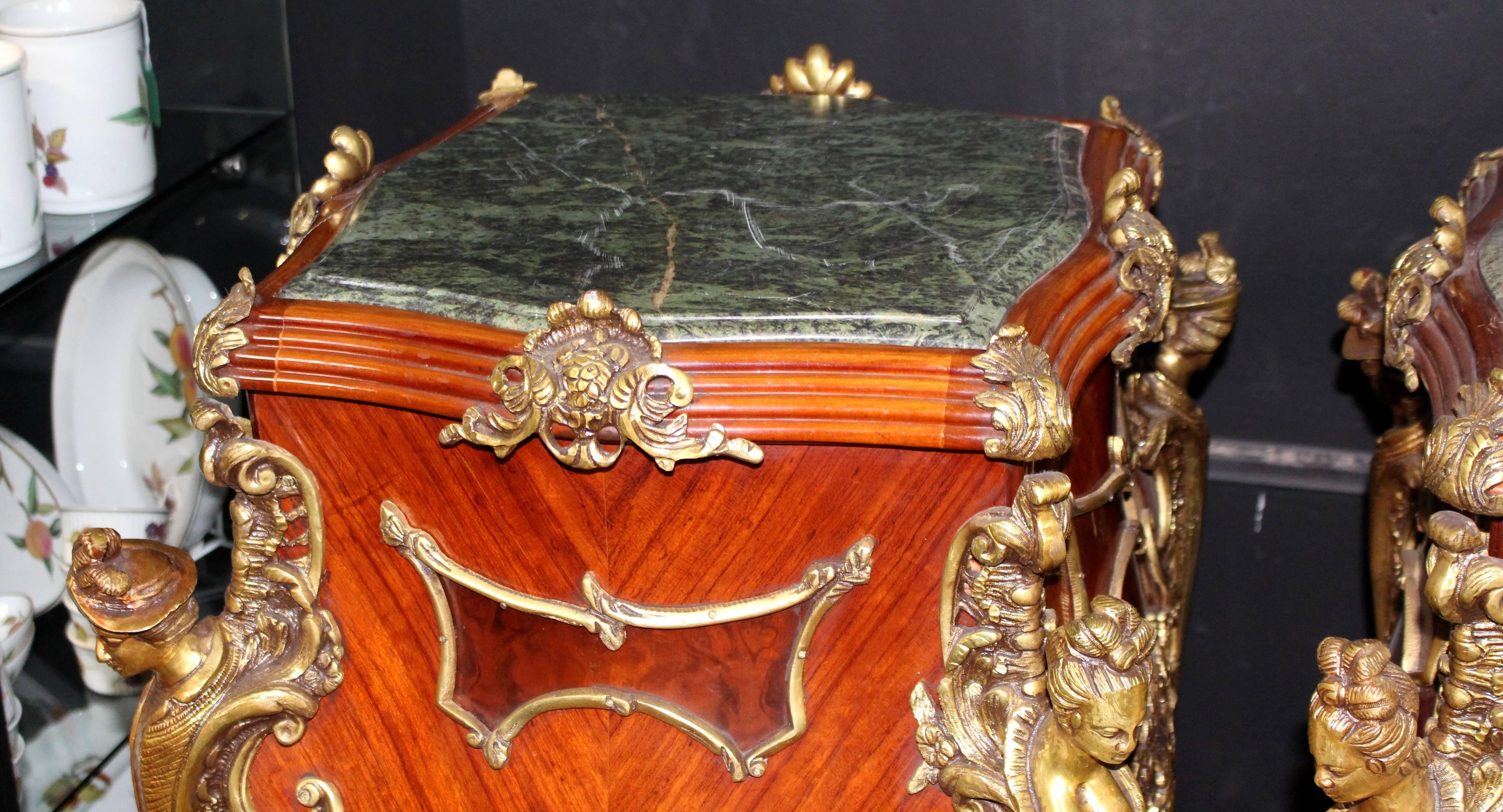 Pair of Louis XV Style Marble-Topped Ormolu-Mounted Inlaid Pedestals 1