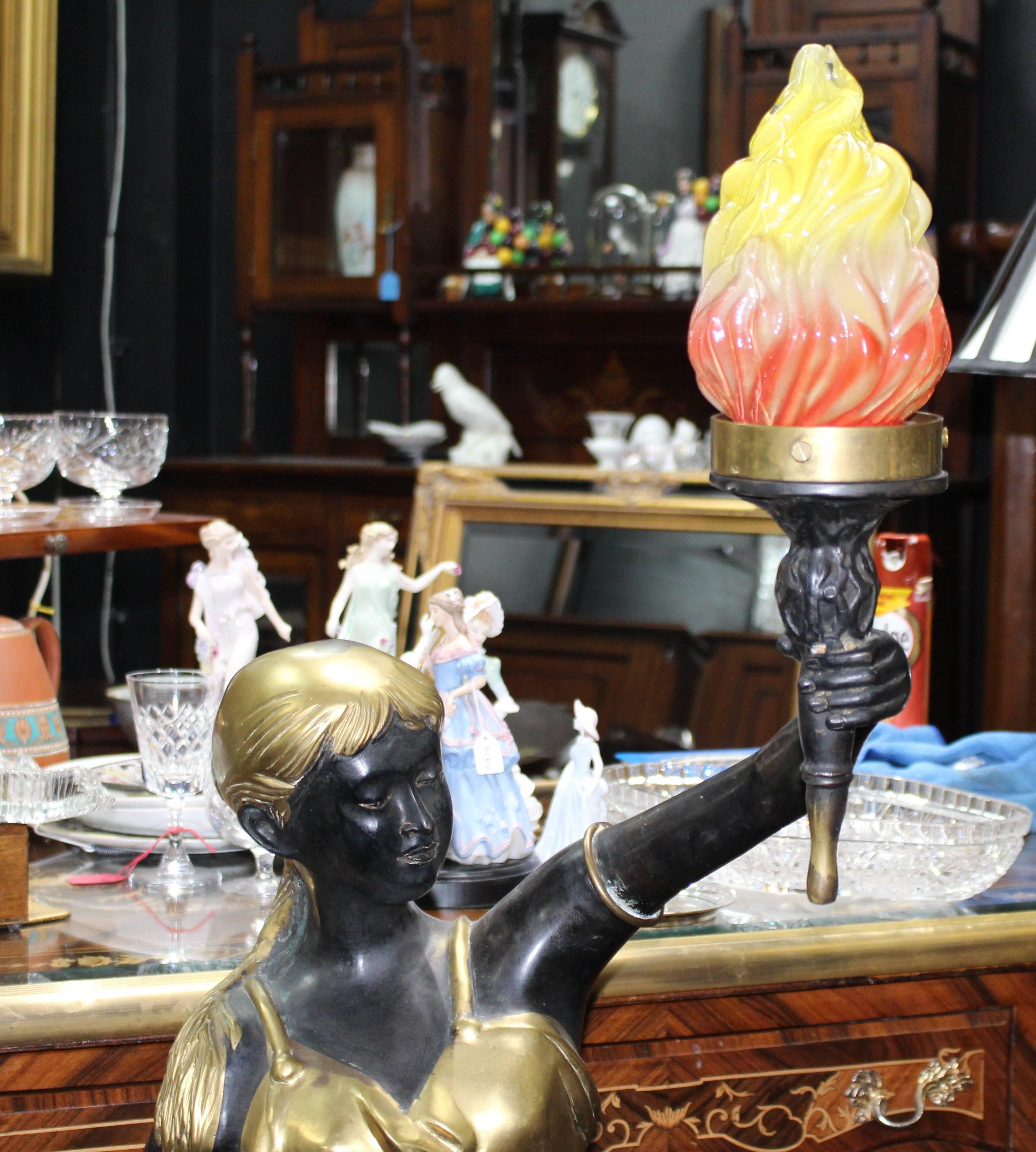 20th Century Bronze and Brass Antique Style Torch Bearer Maiden Standard Lamp
