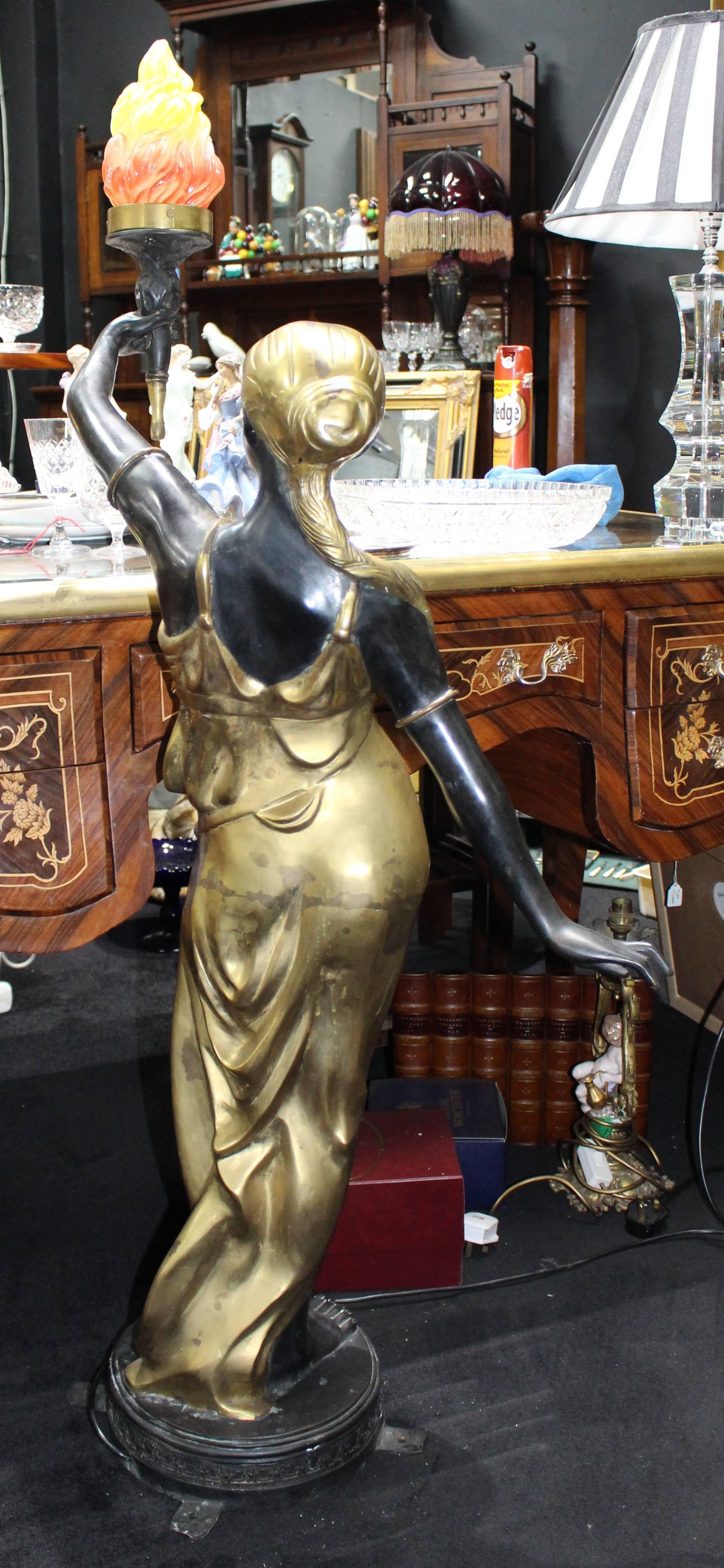 Bronze and Brass Antique Style Torch Bearer Maiden Standard Lamp In Excellent Condition In Worcester, Worcestershire