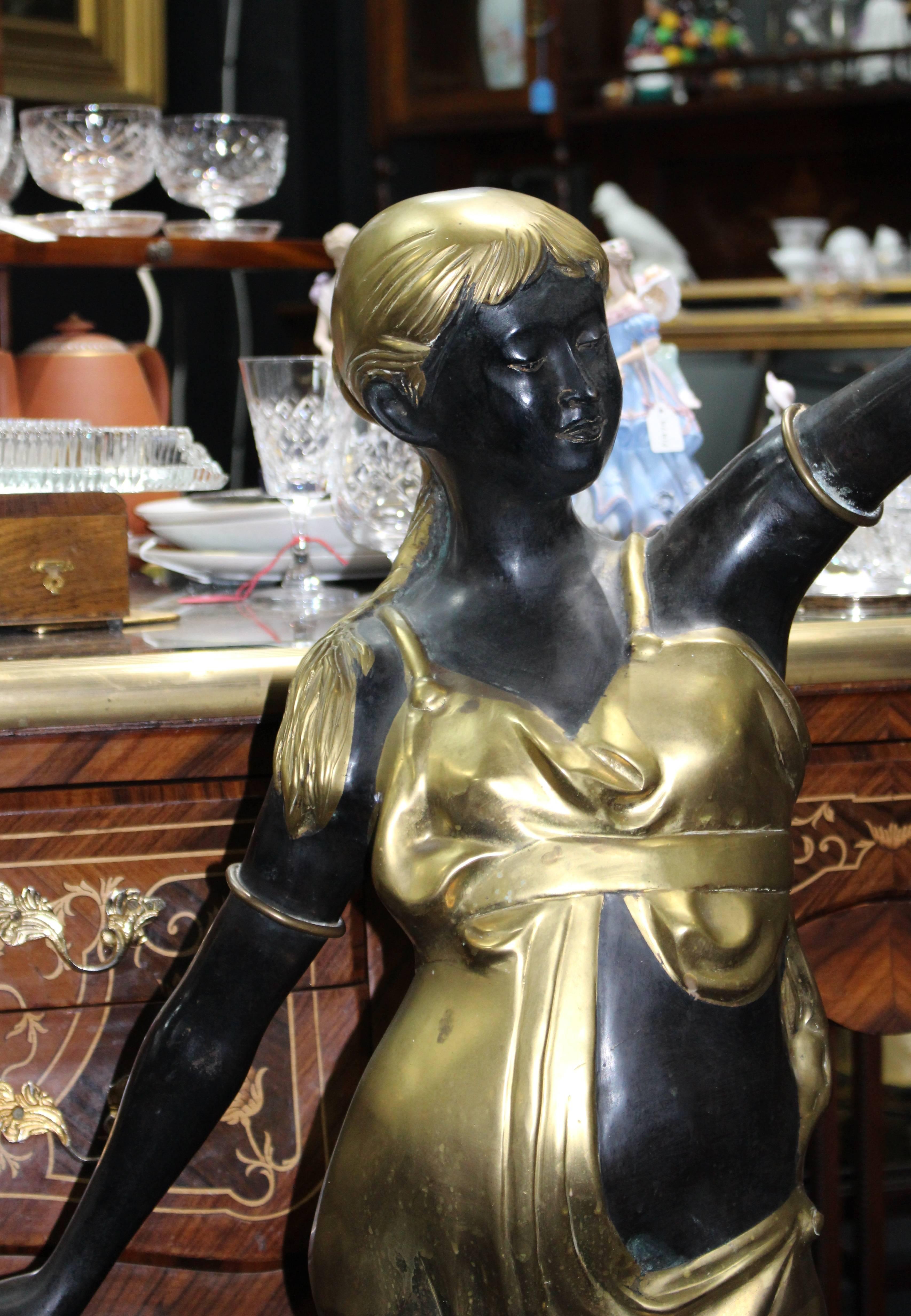 Bronze and Brass Antique Style Torch Bearer Maiden Standard Lamp 2