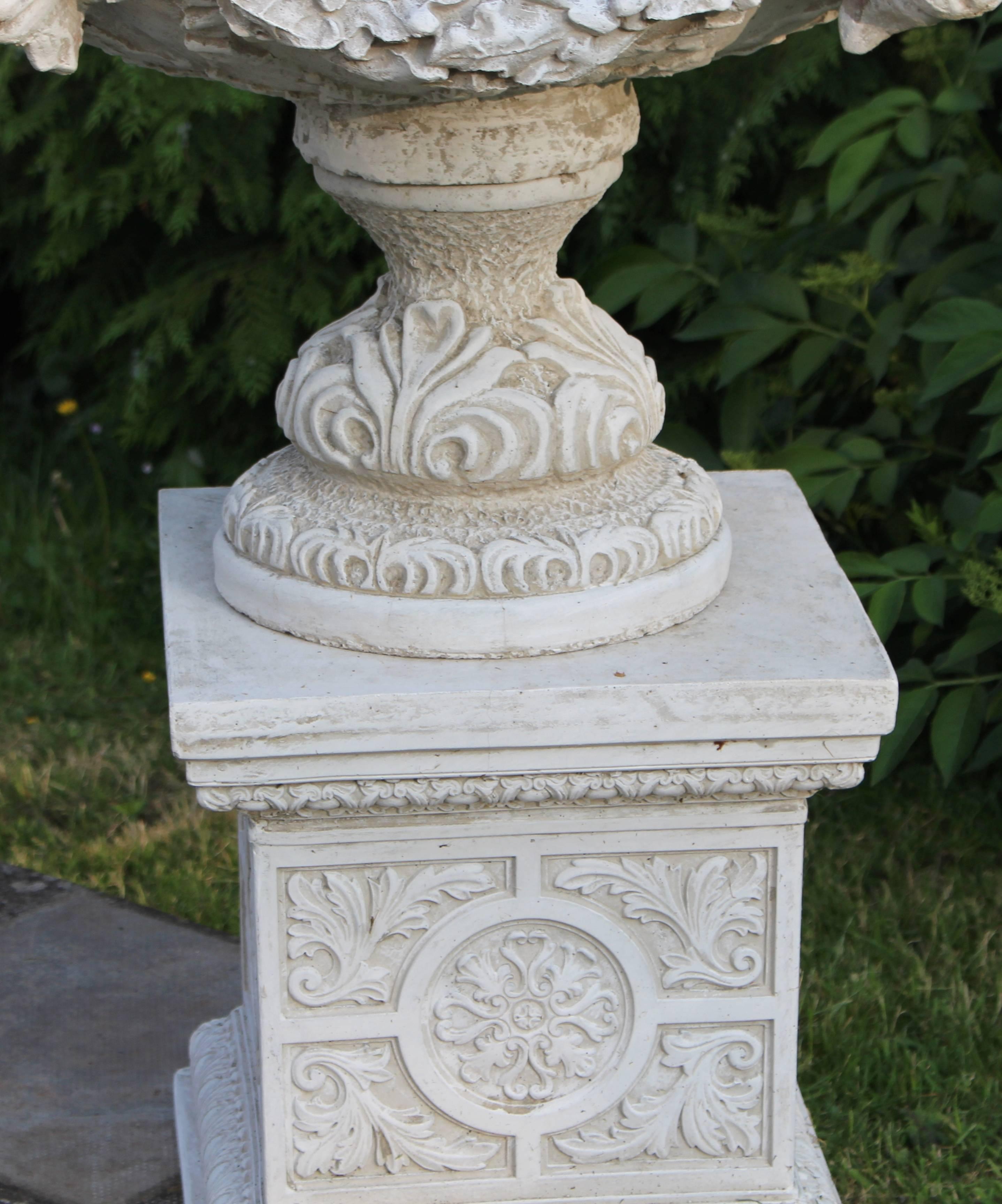 Pair of Heavy Composite Stone Ram's Head Garden Urns on Pedestals 3