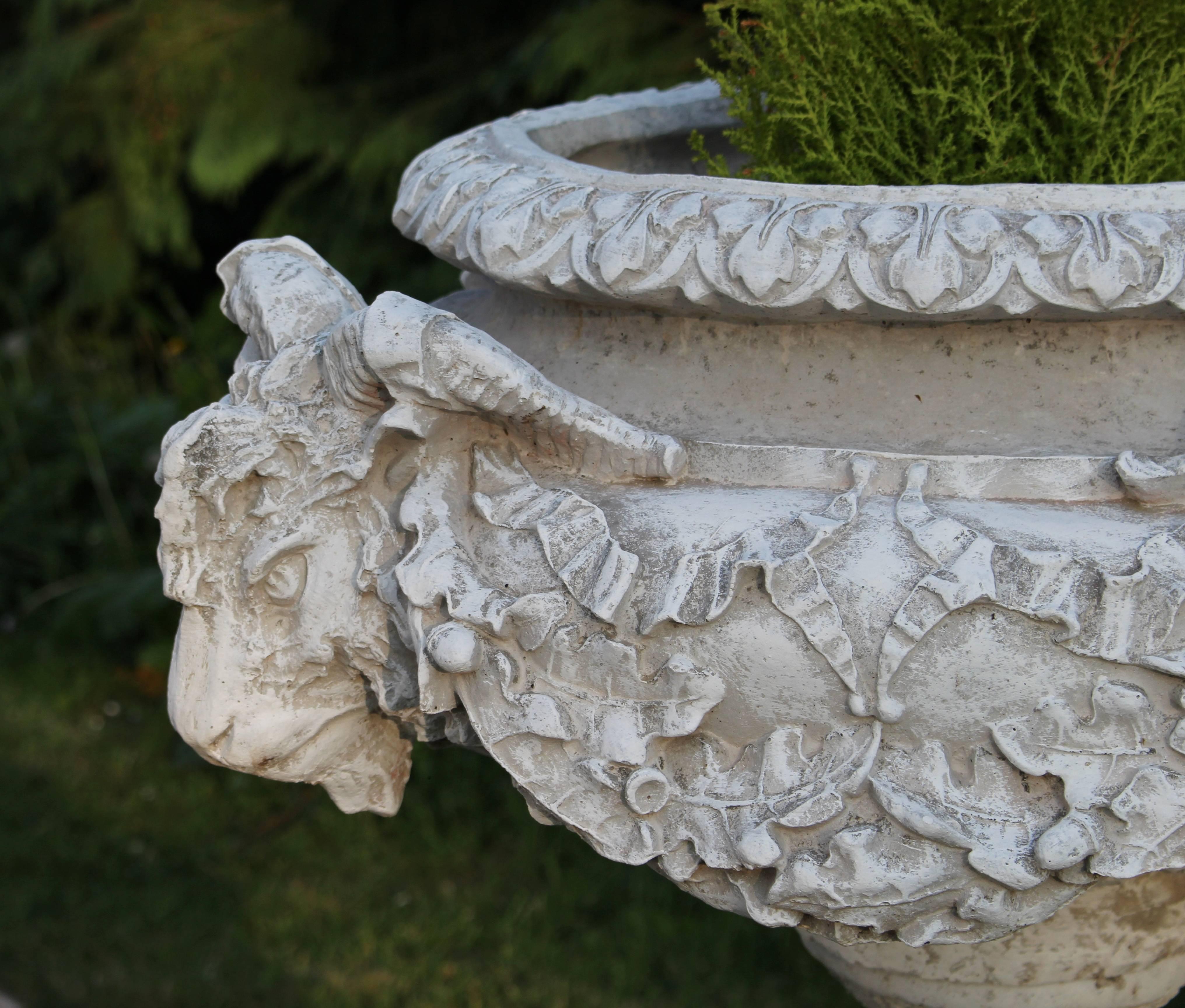 20th Century Pair of Heavy Composite Stone Ram's Head Garden Urns on Pedestals