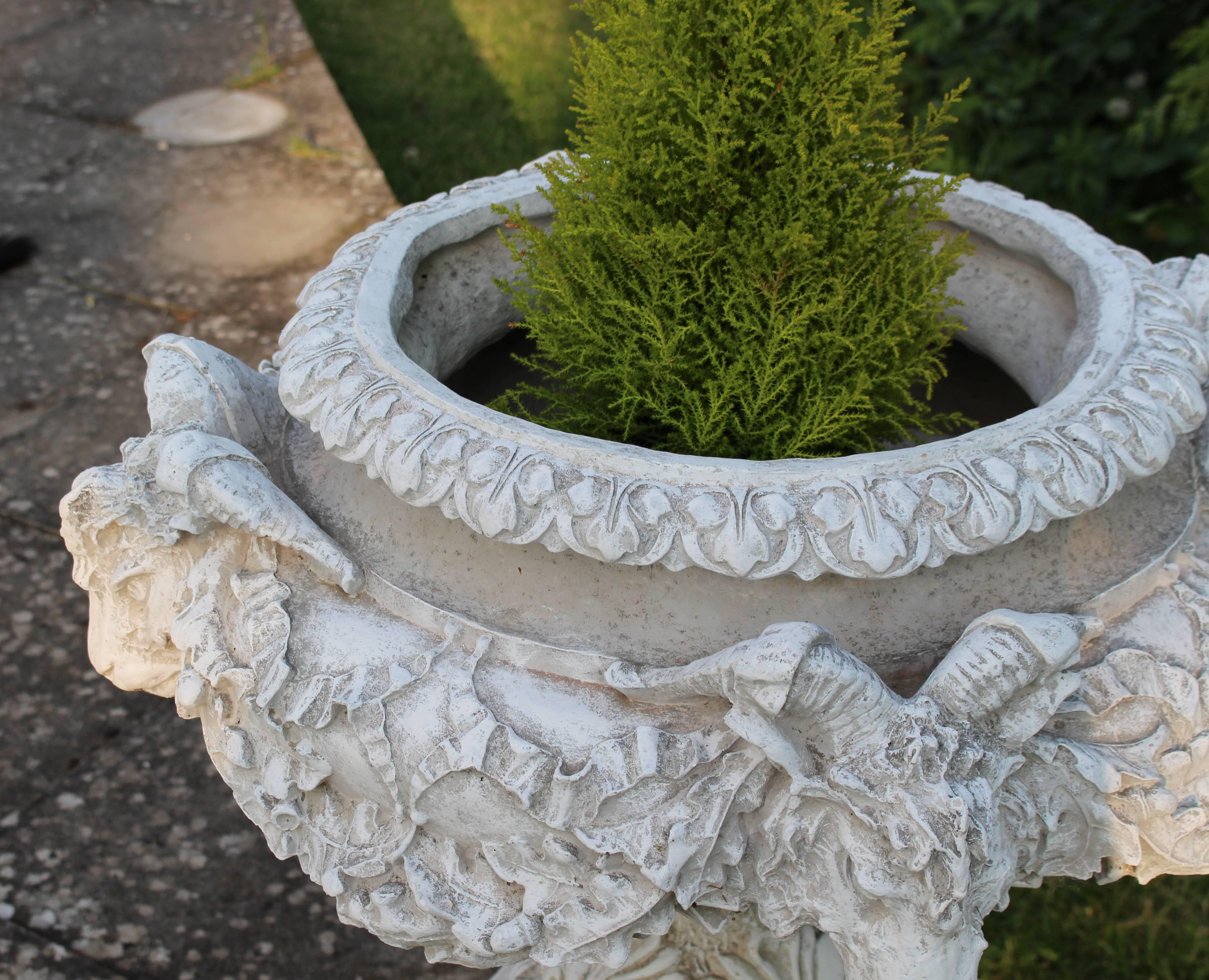Pair of Heavy Composite Stone Ram's Head Garden Urns on Pedestals In Excellent Condition In Worcester, Worcestershire