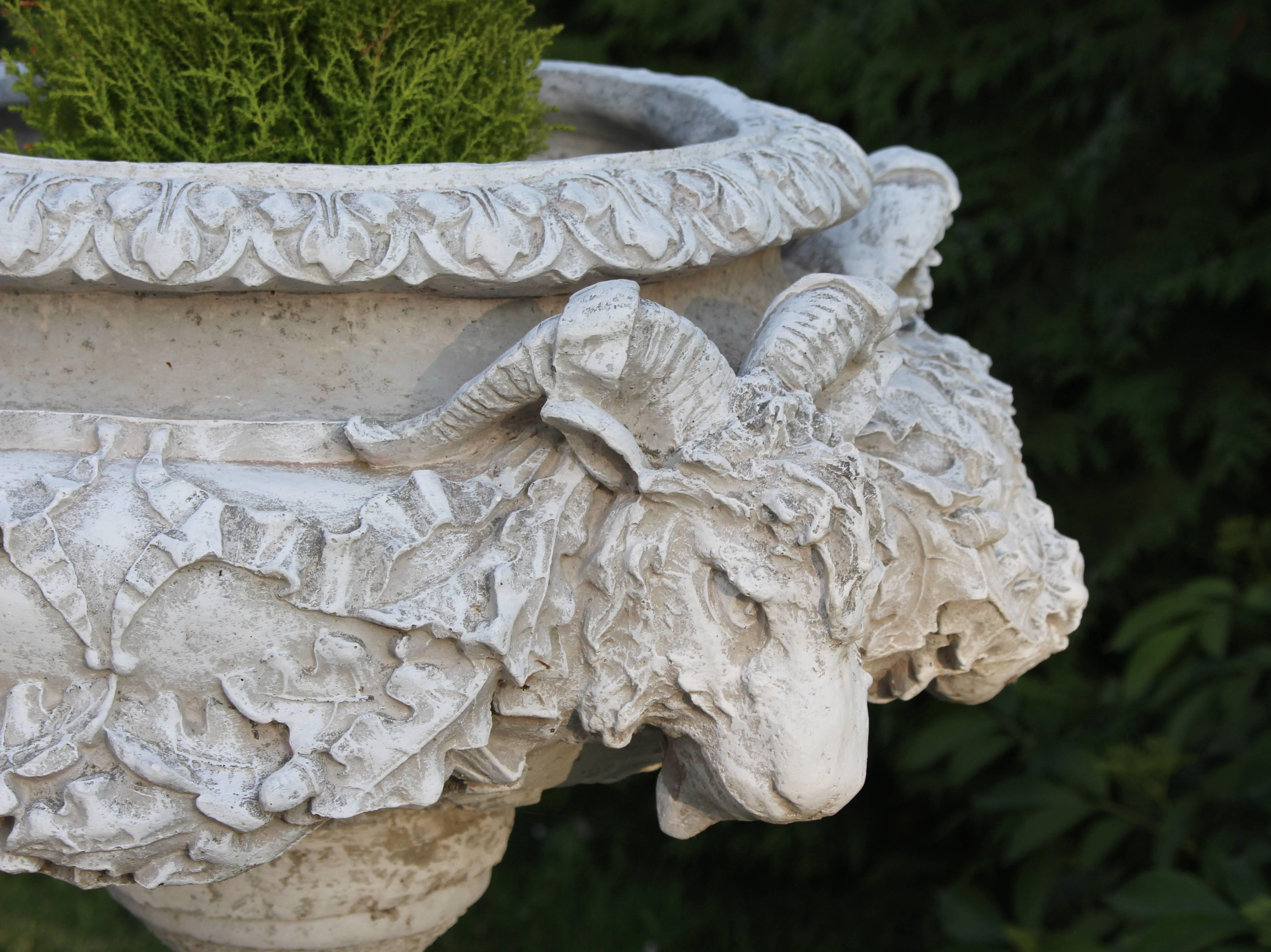 Pair of Heavy Composite Stone Ram's Head Garden Urns on Pedestals 2