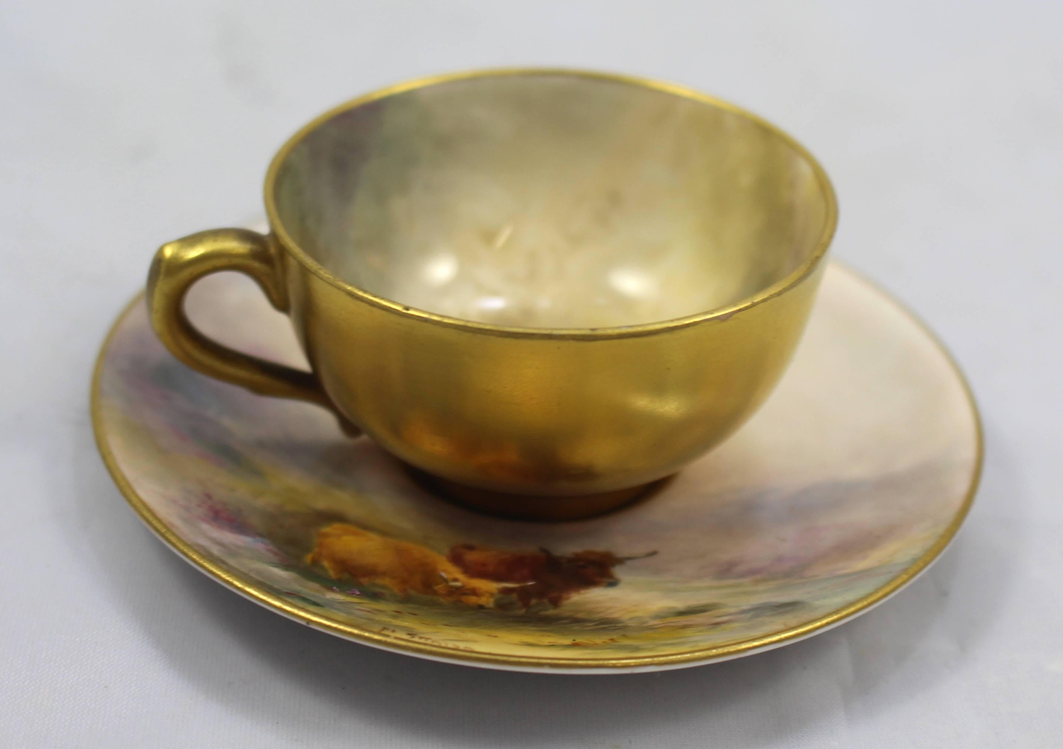 Manufacturer: Royal Worcester, made in England.
Artist: Harry Stinton, signed.
Date: 1922.
Tea cup height: 3.5 cm / 1 1/4 in.
Saucer diameter: 9.5 cm / 3 3/4 in.
Subject hand-painted cattle.
Back stamp: Royal Worcester, first