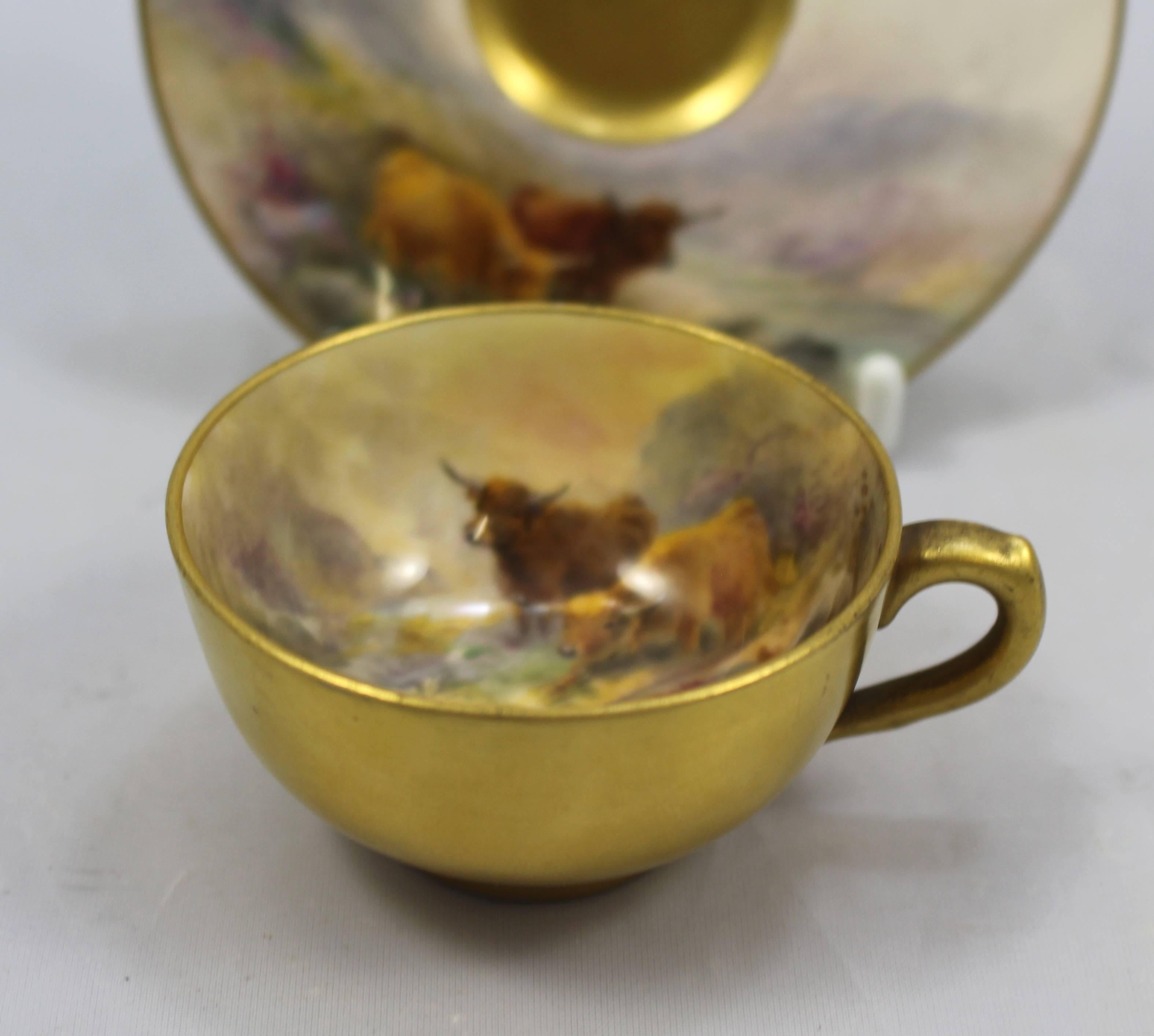 Royal Worcester Highland Cattle Miniature Cup and Saucer by Stinton, 1922 1
