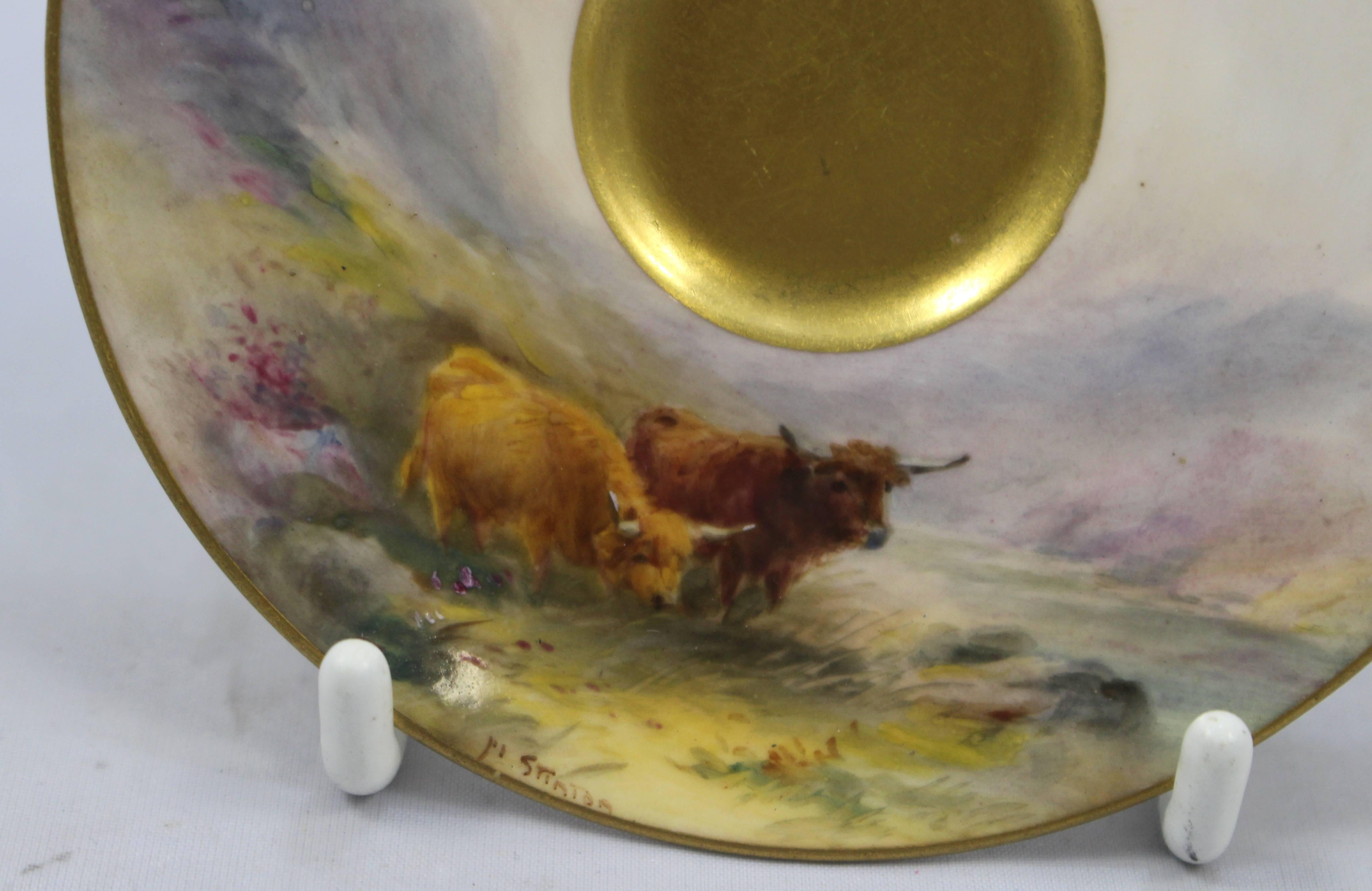British Royal Worcester Highland Cattle Miniature Cup and Saucer by Stinton, 1922