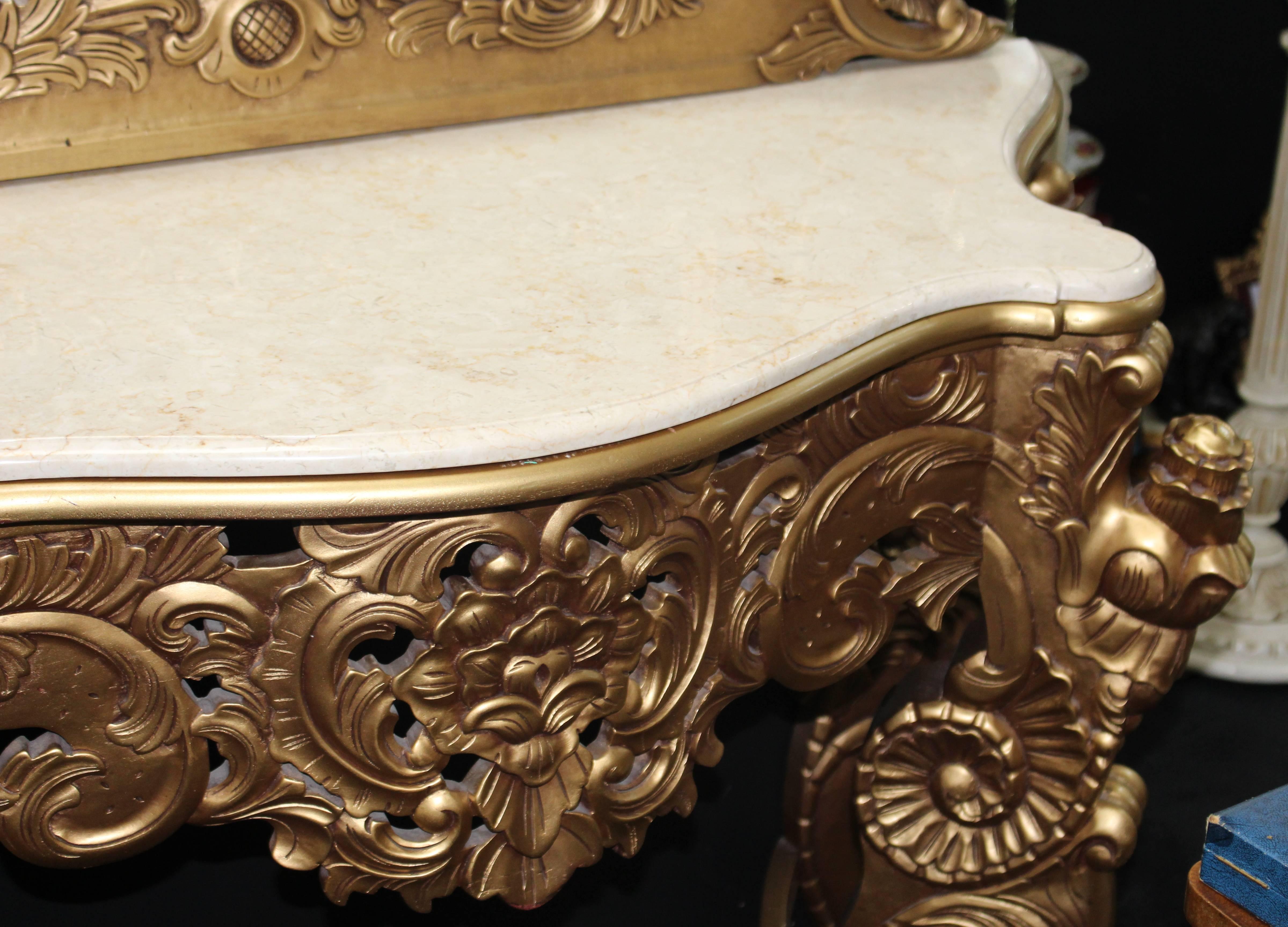 Pair of Carved Giltwood Marble-Topped Console Tables with Mirrors 4