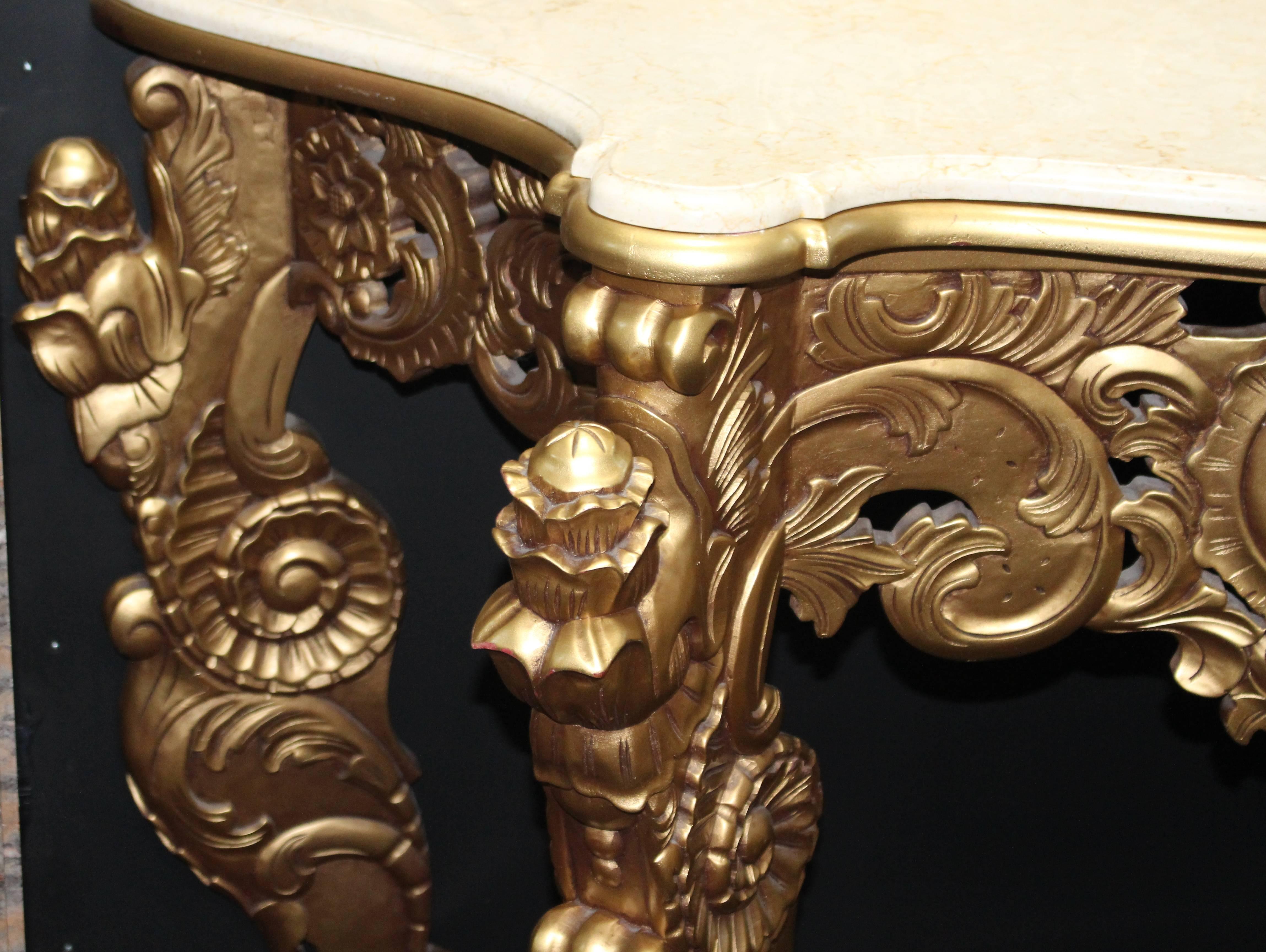 Pair of Carved Giltwood Marble-Topped Console Tables with Mirrors 6
