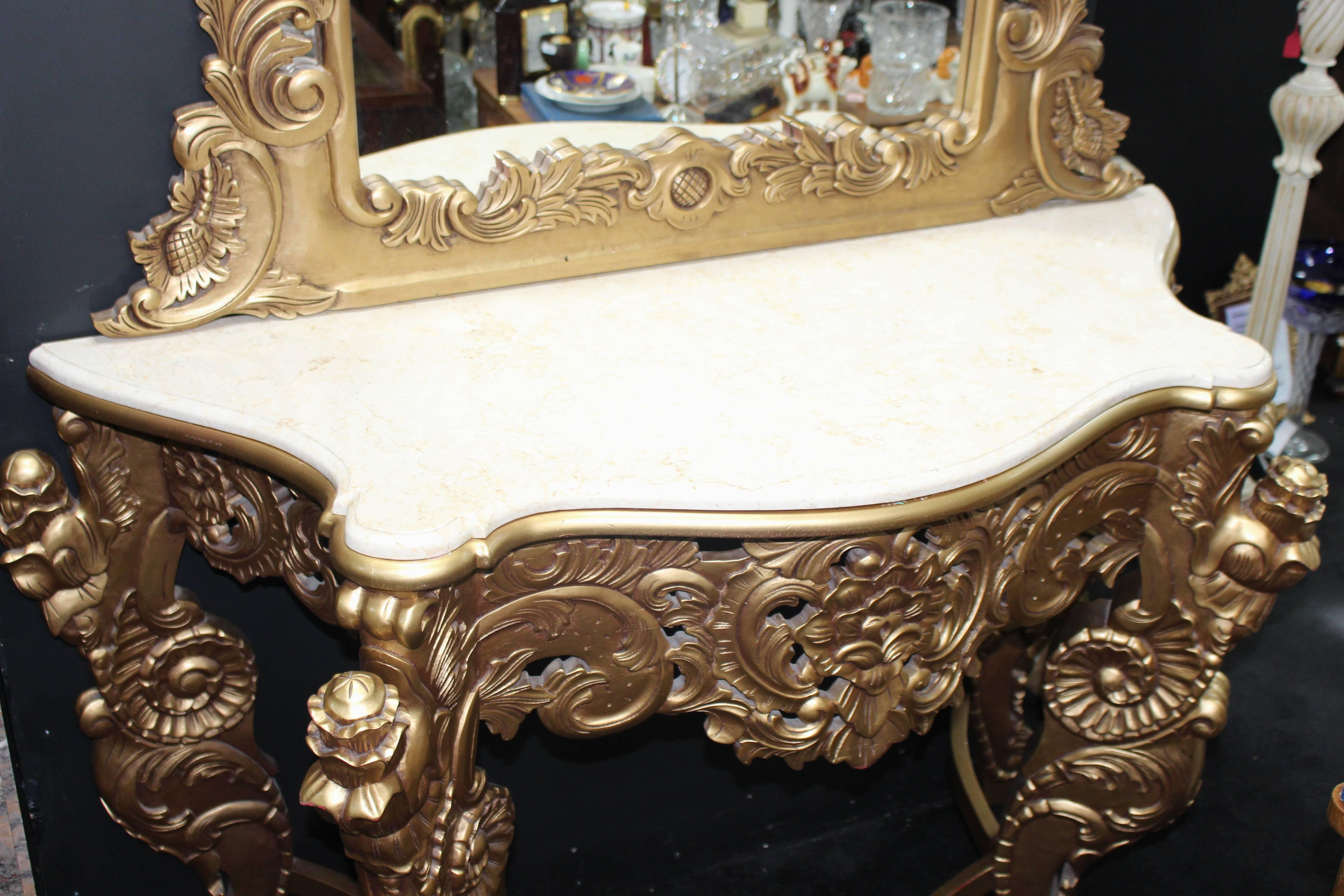 Pair of Carved Giltwood Marble-Topped Console Tables with Mirrors 3