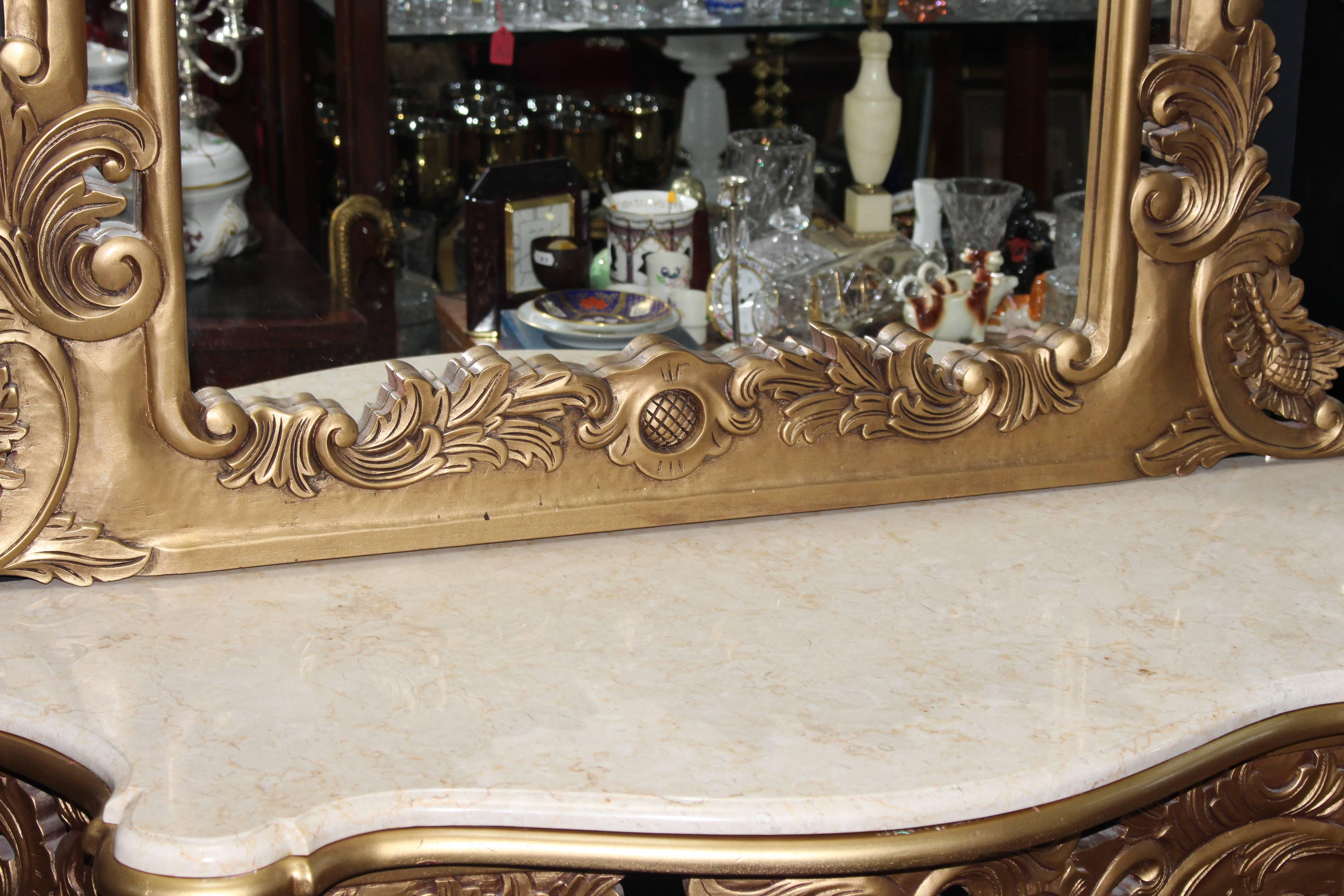 Pair of Carved Giltwood Marble-Topped Console Tables with Mirrors 2