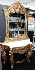 Pair of Carved Giltwood Marble-Topped Console Tables with Mirrors