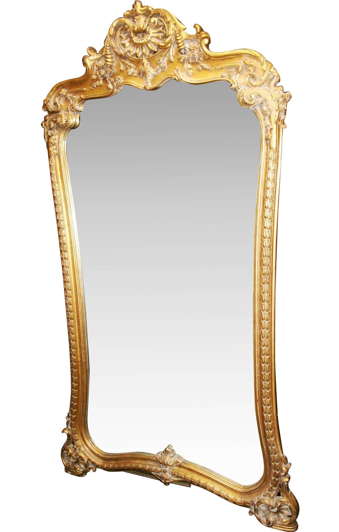 

Measures: Width 1.33 m 4 ft 4 1/2 in.
Height 2.27 m 7 ft 5 1/2 in.

Pair.
Style Louis XV.
Frame heavily carved wood.
Finish gilt, gold leaf.

Stunning pair of French style 7 1/2 ft tall mirrors.

Finely carved ornate frame set with