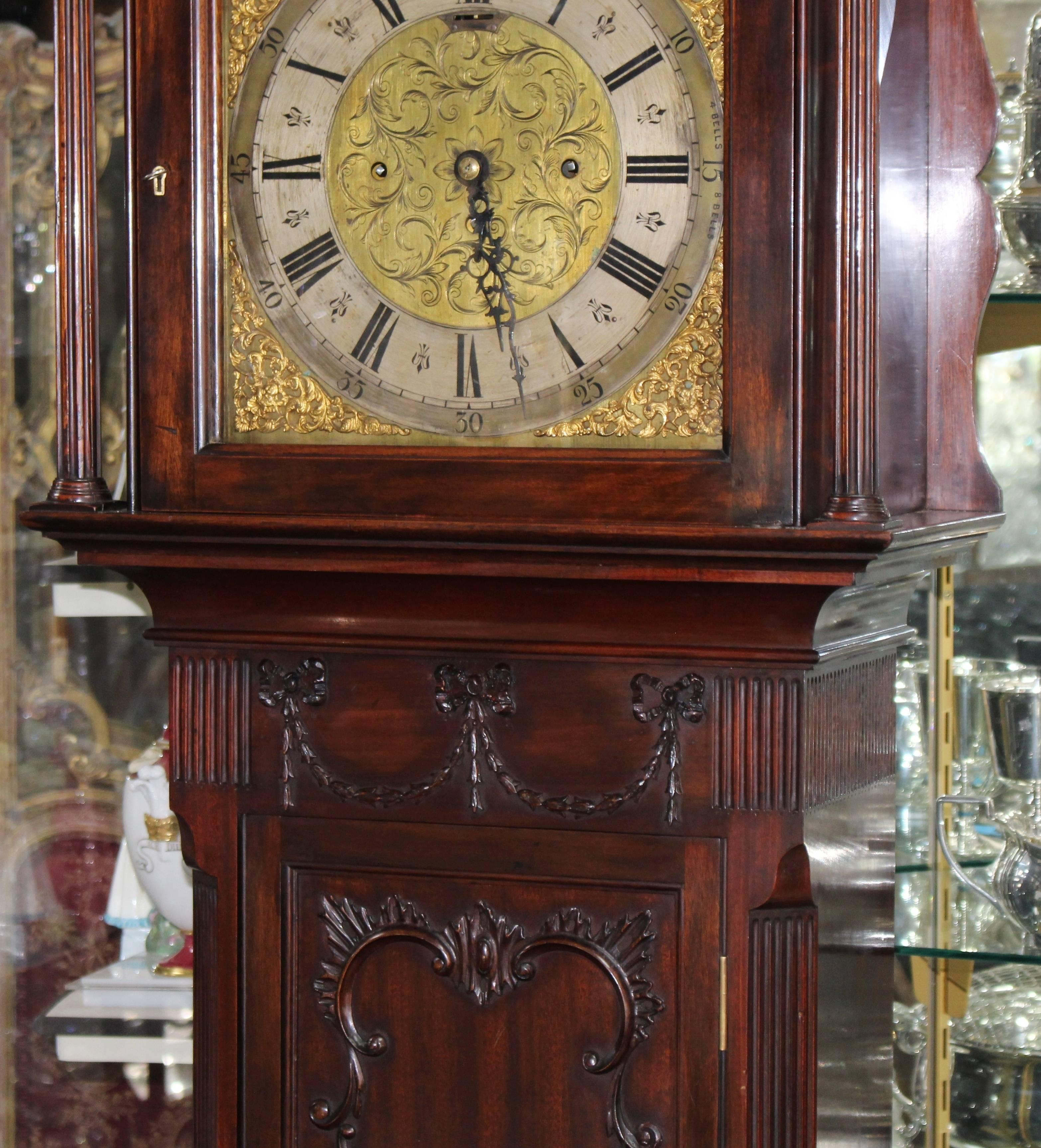 20th Century Fine Edwardian Mahogany Fusee Eight-Day Longcase Clock with Brass Silvered Dial
