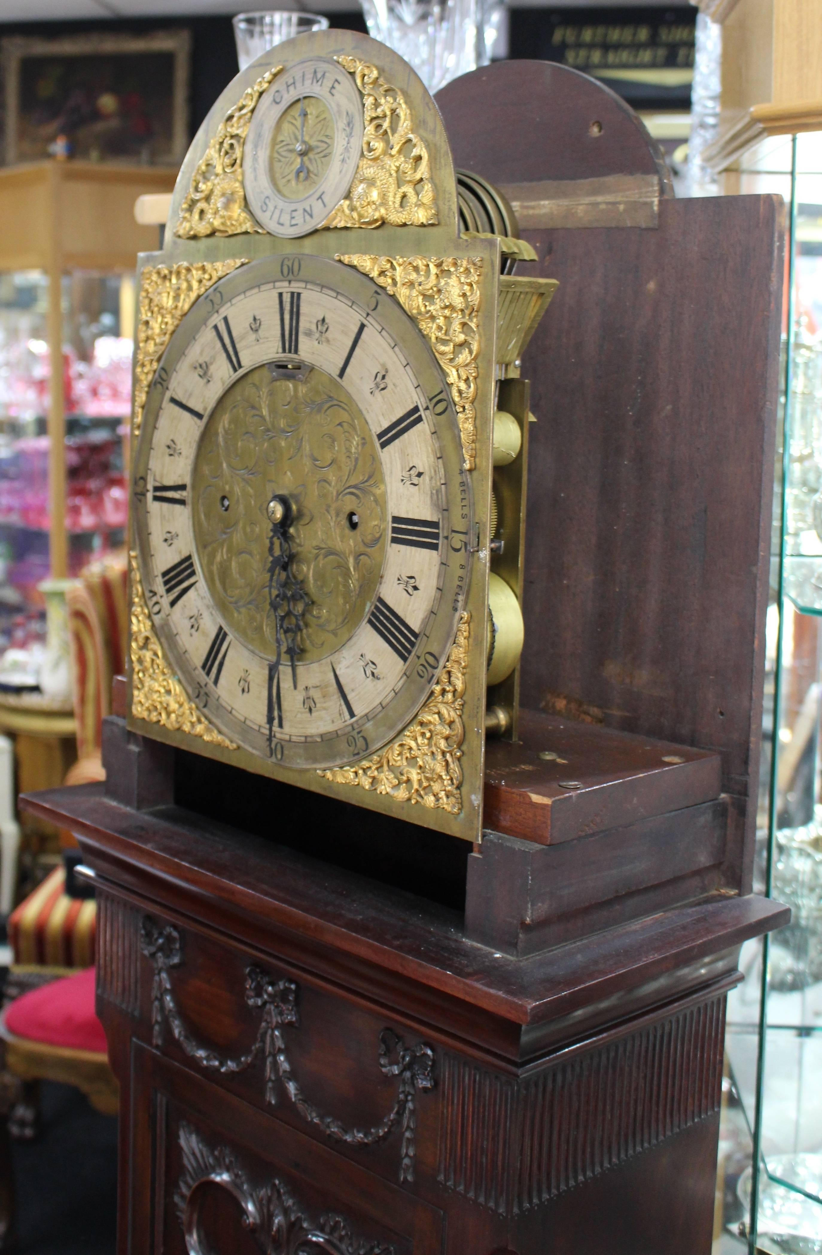 Fine Edwardian Mahogany Fusee Eight-Day Longcase Clock with Brass Silvered Dial 1