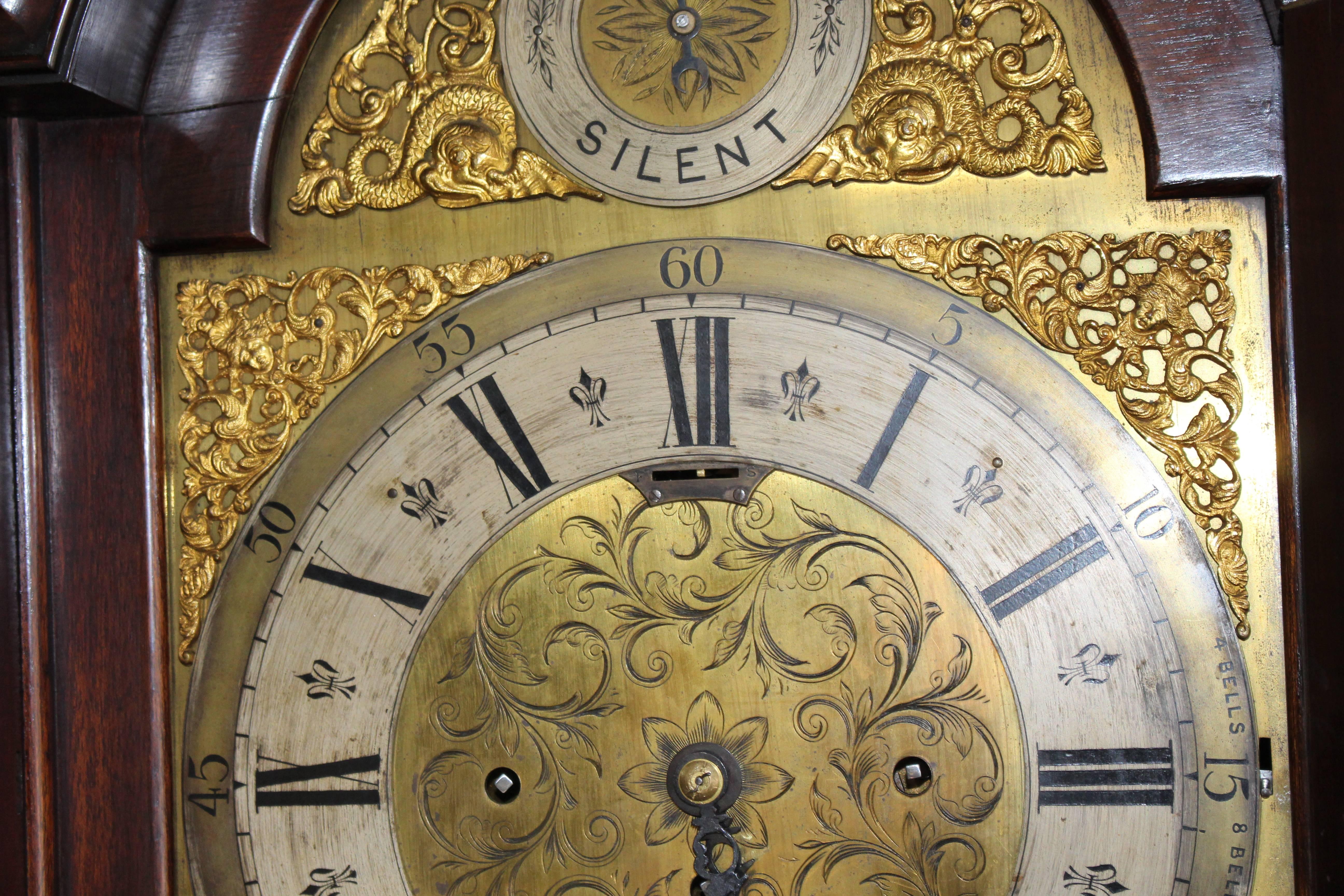 British Fine Edwardian Mahogany Fusee Eight-Day Longcase Clock with Brass Silvered Dial