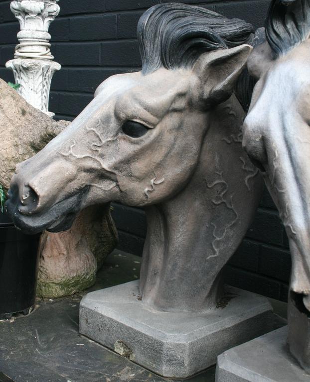 Pair of Signed Painted Composite Stone Horse Bust Sculptures For Sale
