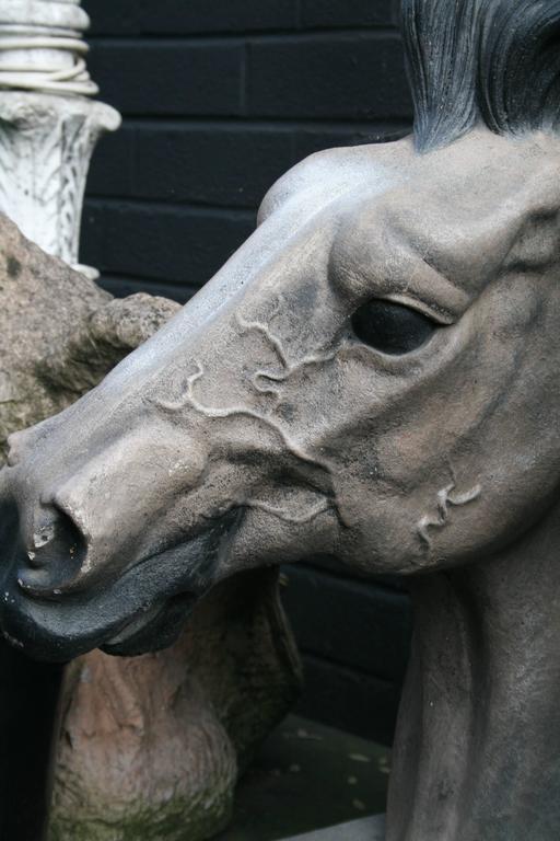 Pair of Signed Painted Composite Stone Horse Bust Sculptures For Sale