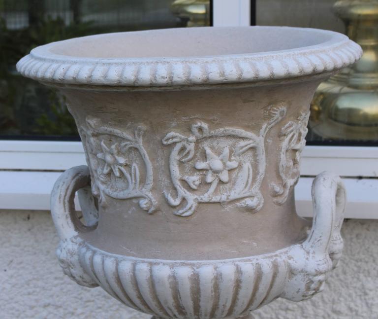Pair of Heavy Composite Stone Garden Urns on Pedestals For Sale at 1stdibs