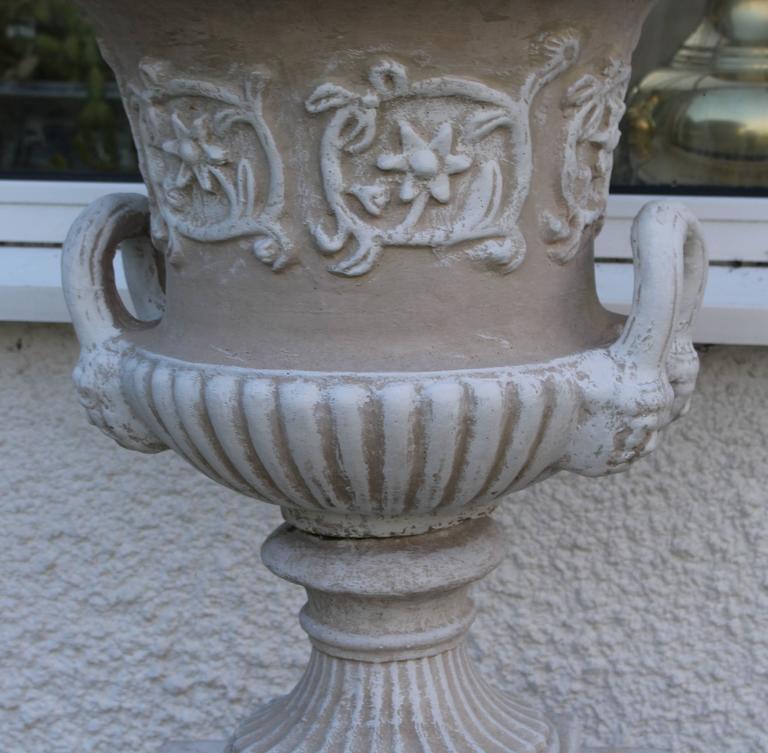 Pair of Heavy Composite Stone Garden Urns on Pedestals For Sale at 1stdibs