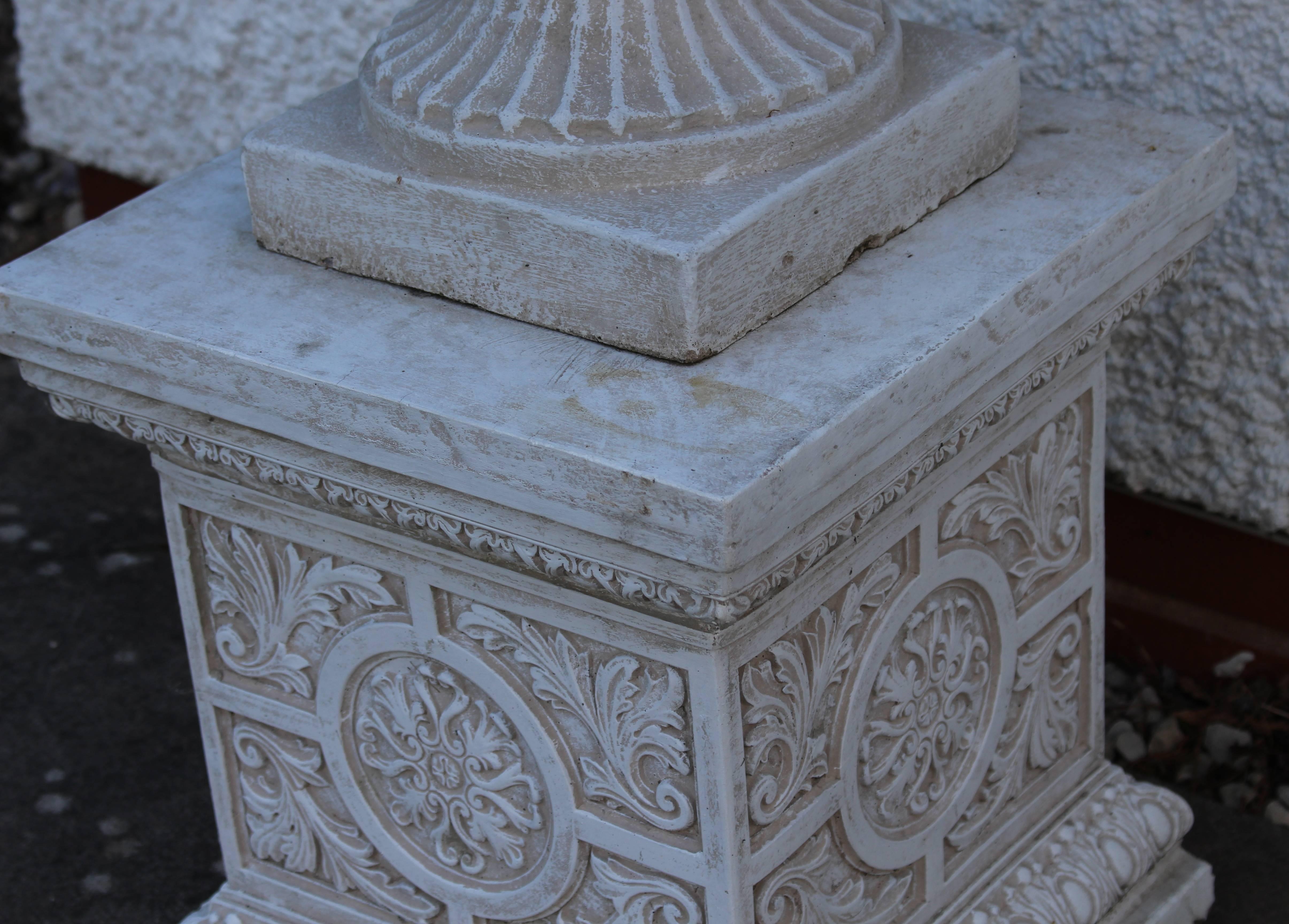 20th Century Pair of Heavy Composite Stone Garden Urns on Pedestals