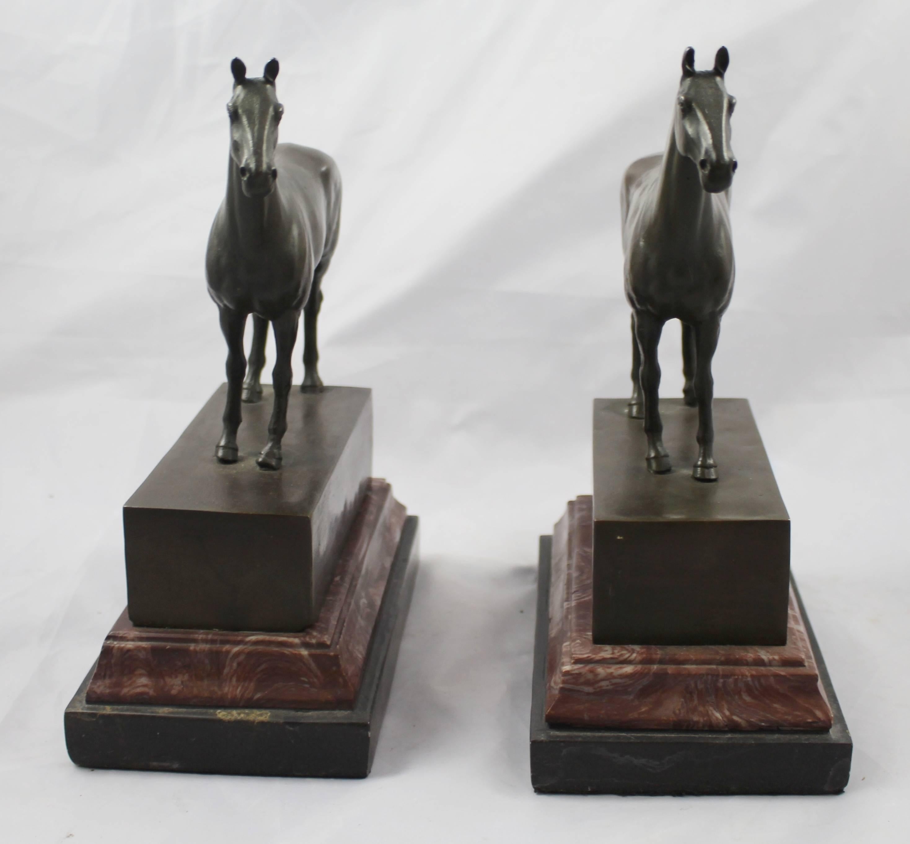Pair of Bronze and Marble Horse Bookends 1
