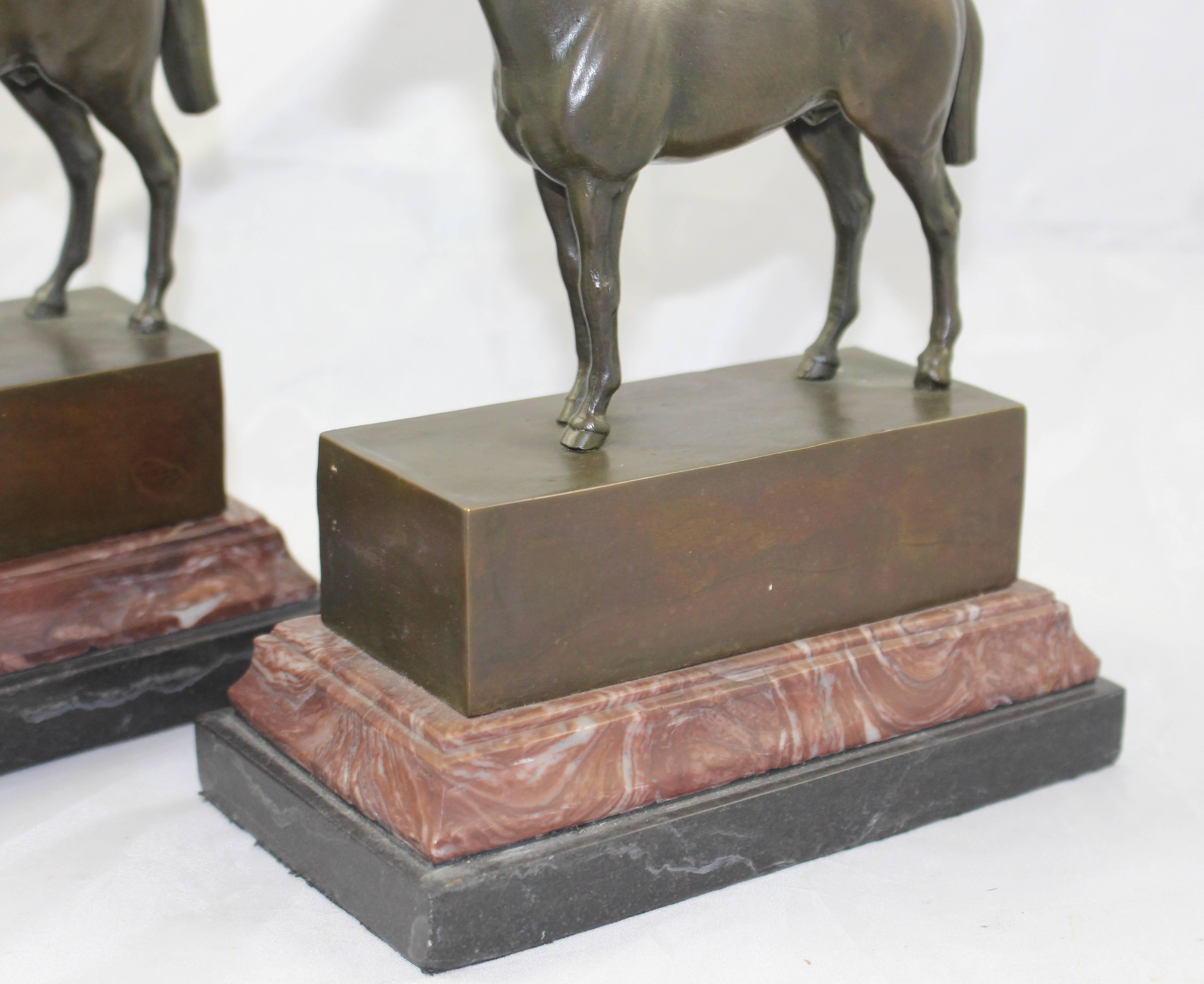 20th Century Pair of Bronze and Marble Horse Bookends
