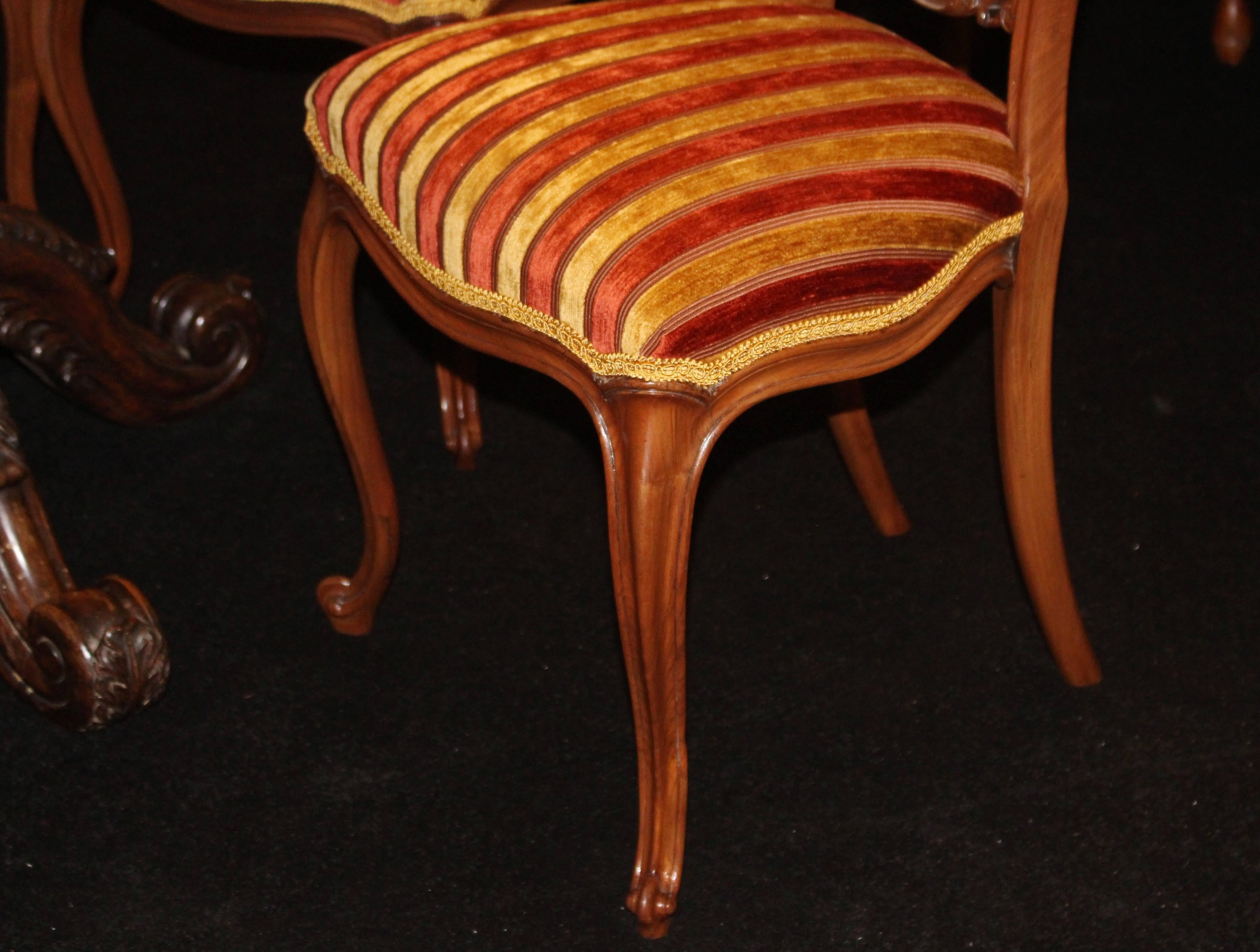 Set of Six 19th Century Walnut Striped Upholstered Dining Chairs 4