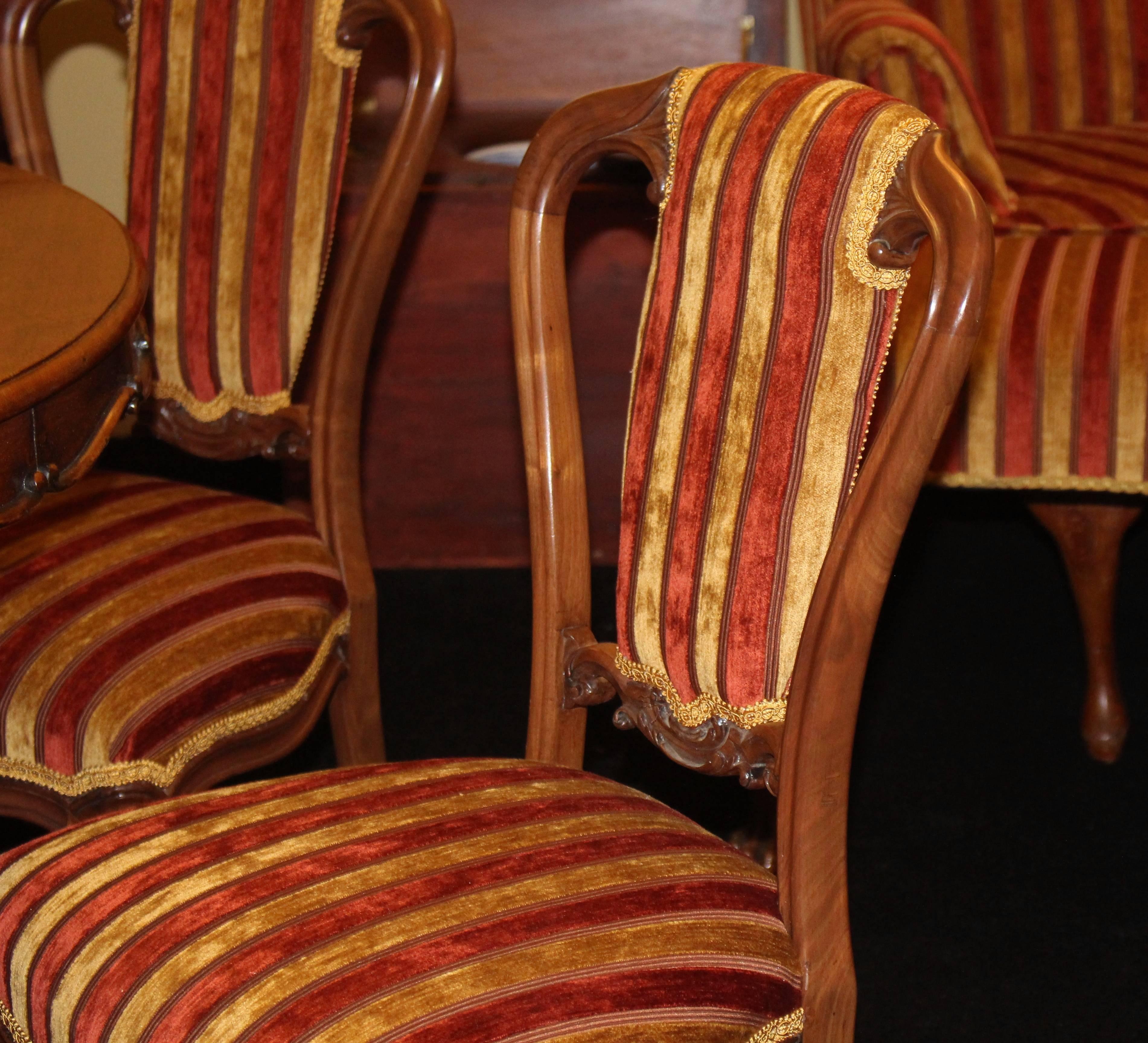 Set of Six 19th Century Walnut Striped Upholstered Dining Chairs 3