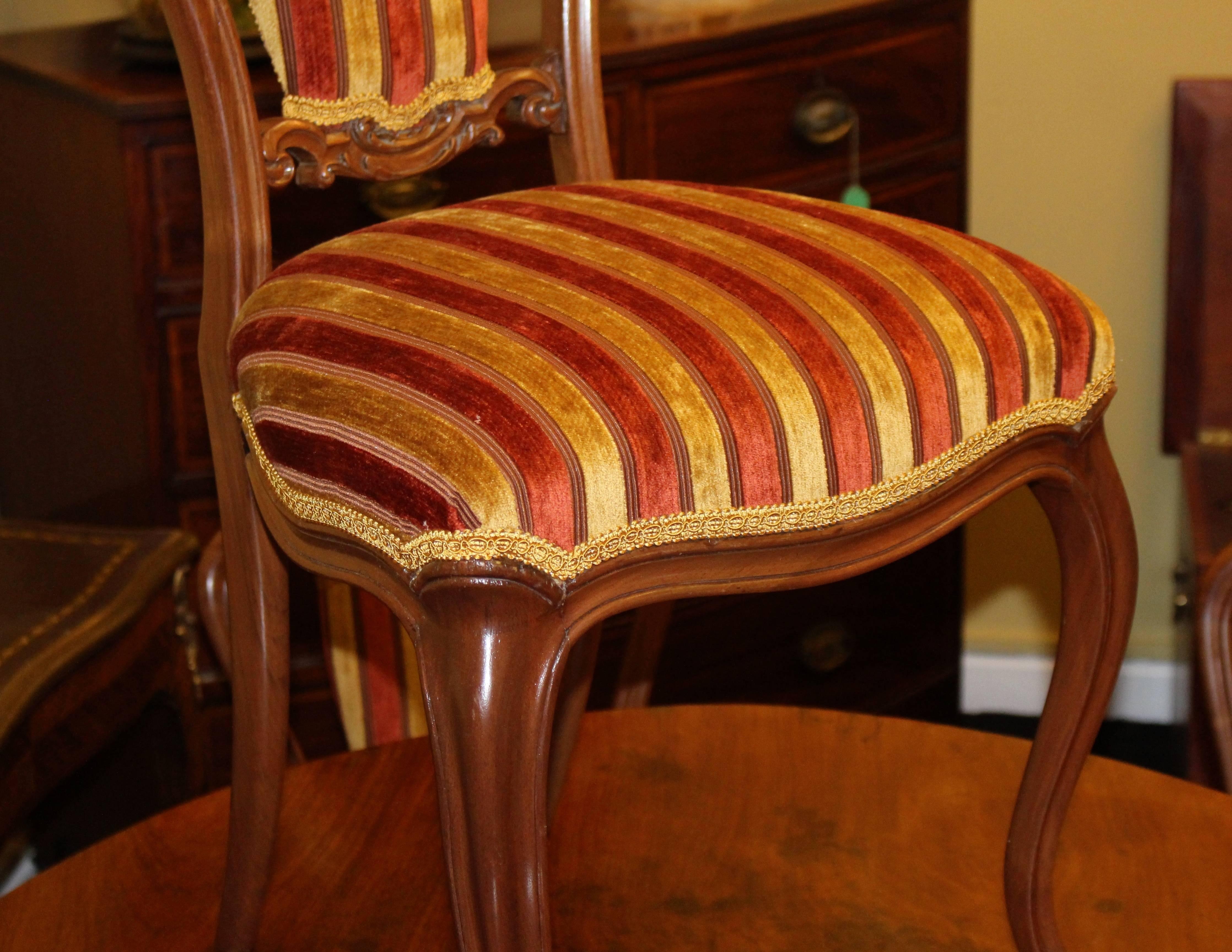 Set of Six 19th Century Walnut Striped Upholstered Dining Chairs 1