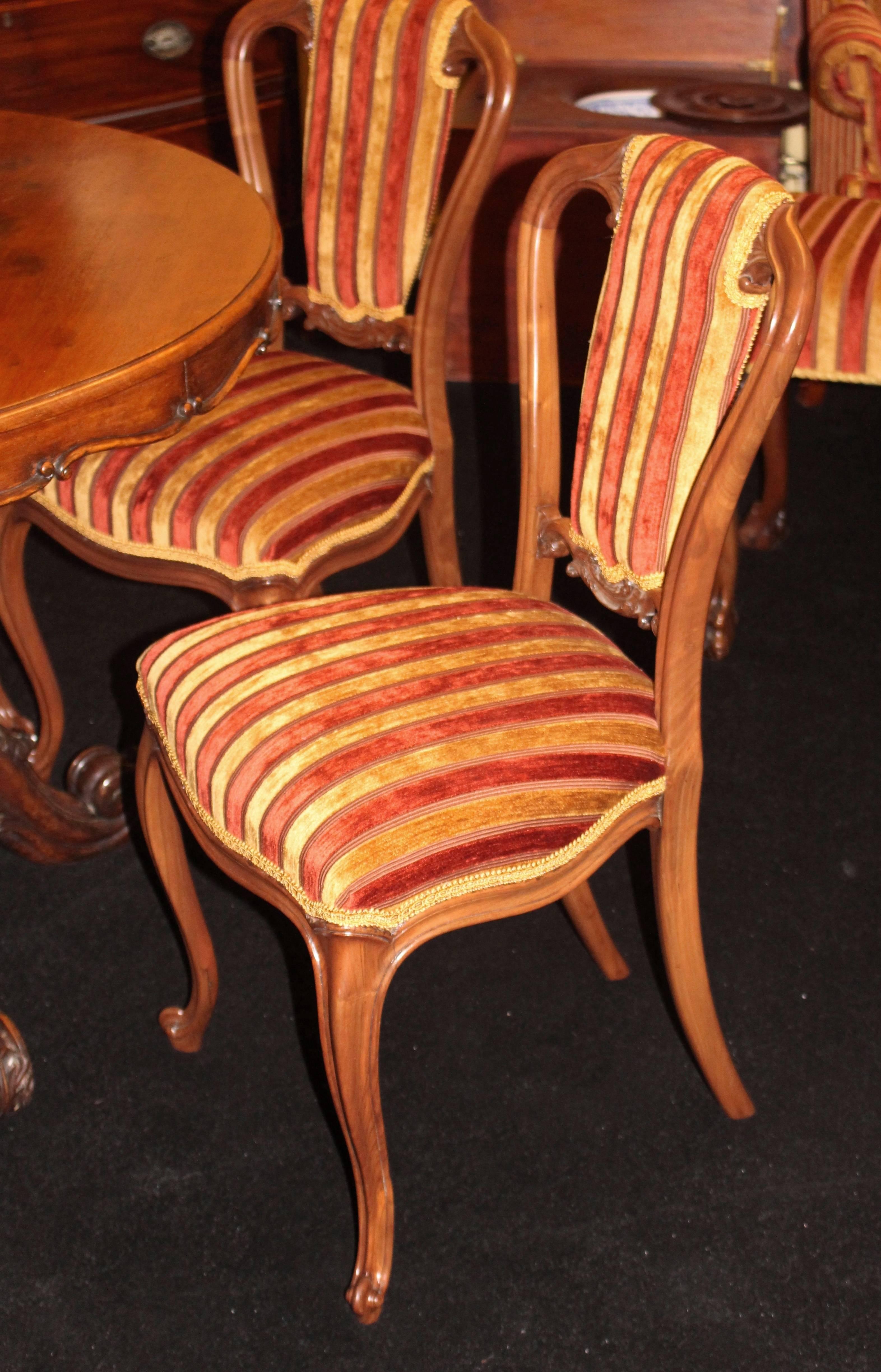 Set of Six 19th Century Walnut Striped Upholstered Dining Chairs 2
