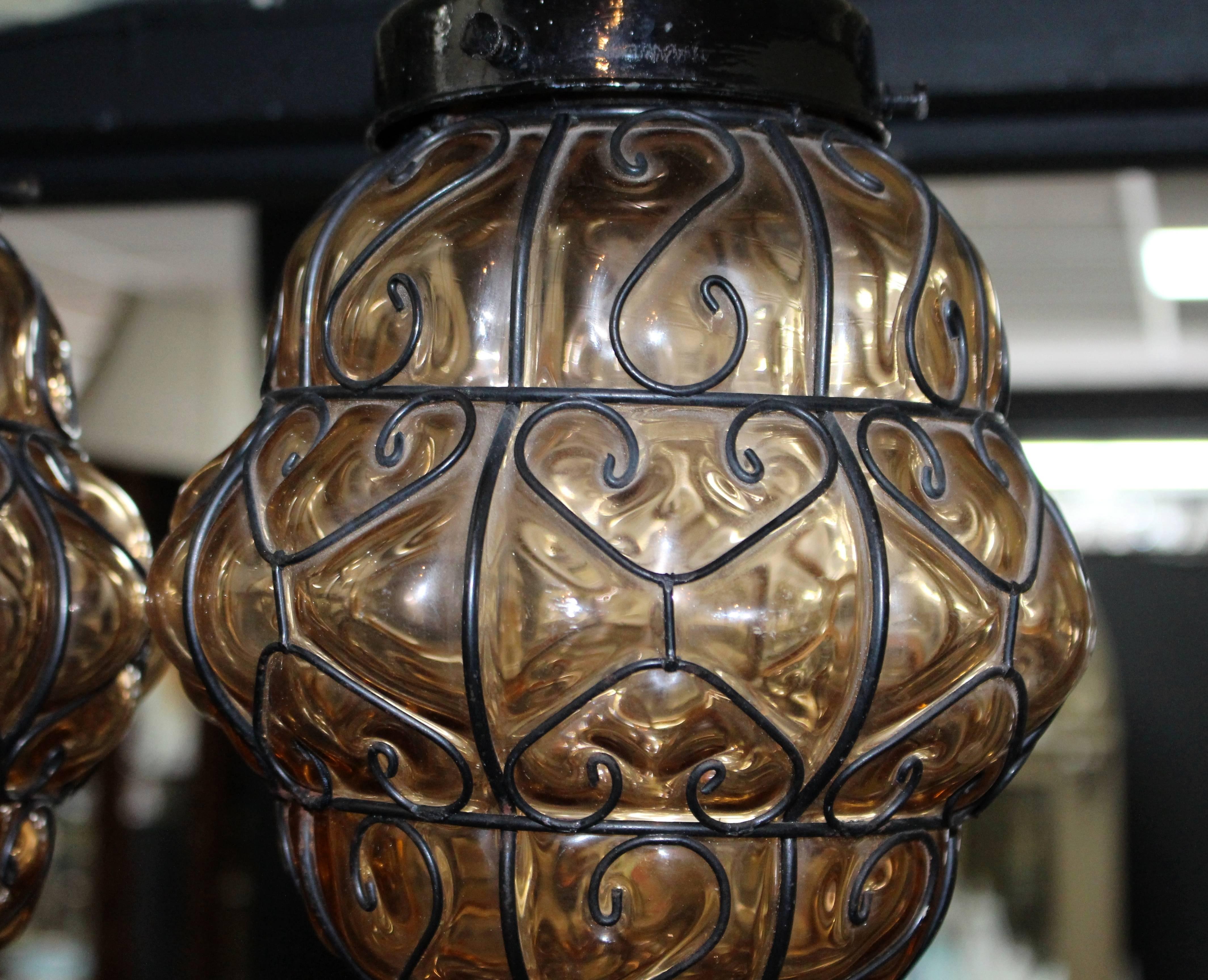 Pair of Vintage Amber Glass Metal Lattice Lanterns 1