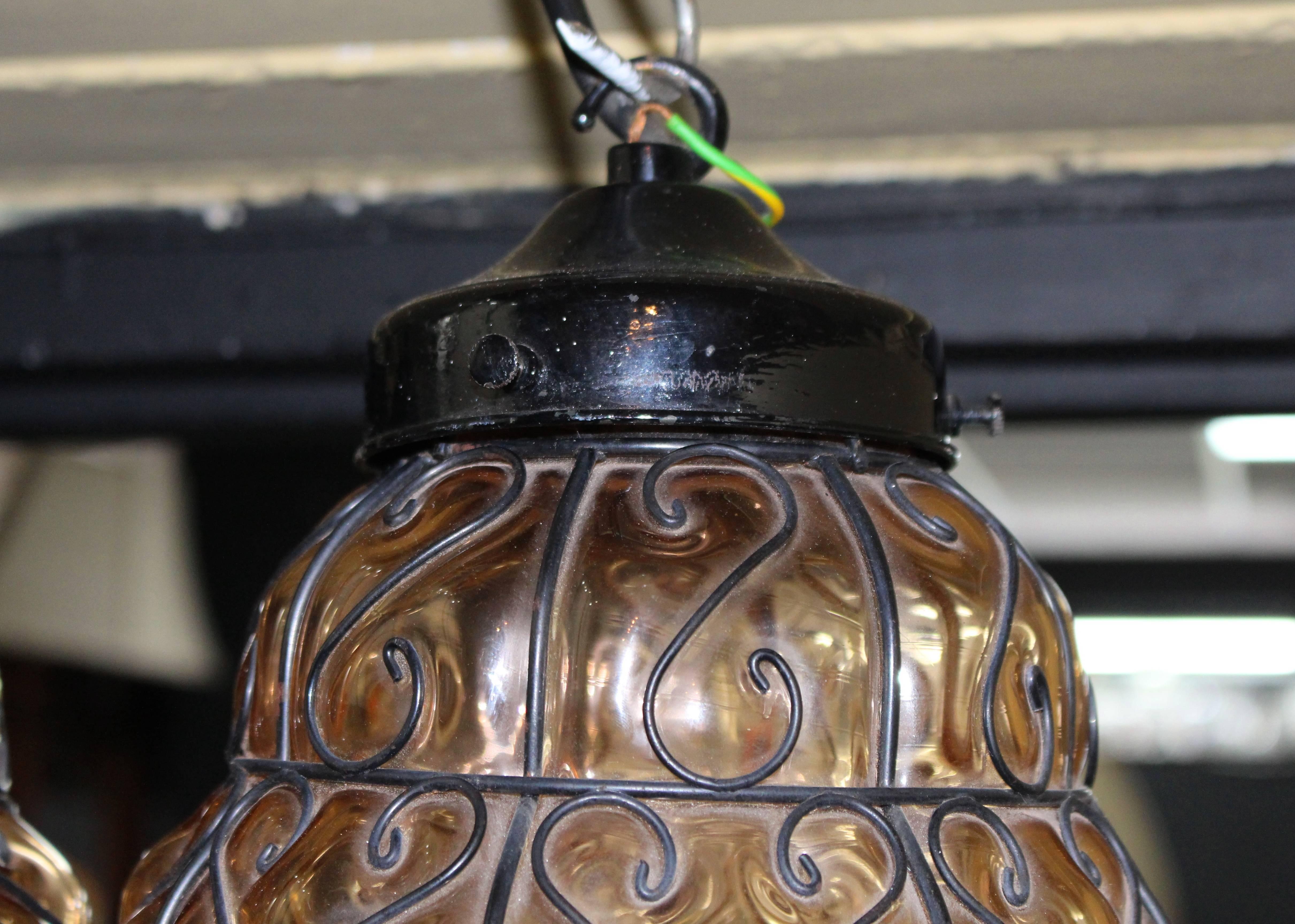 20th Century Pair of Vintage Amber Glass Metal Lattice Lanterns