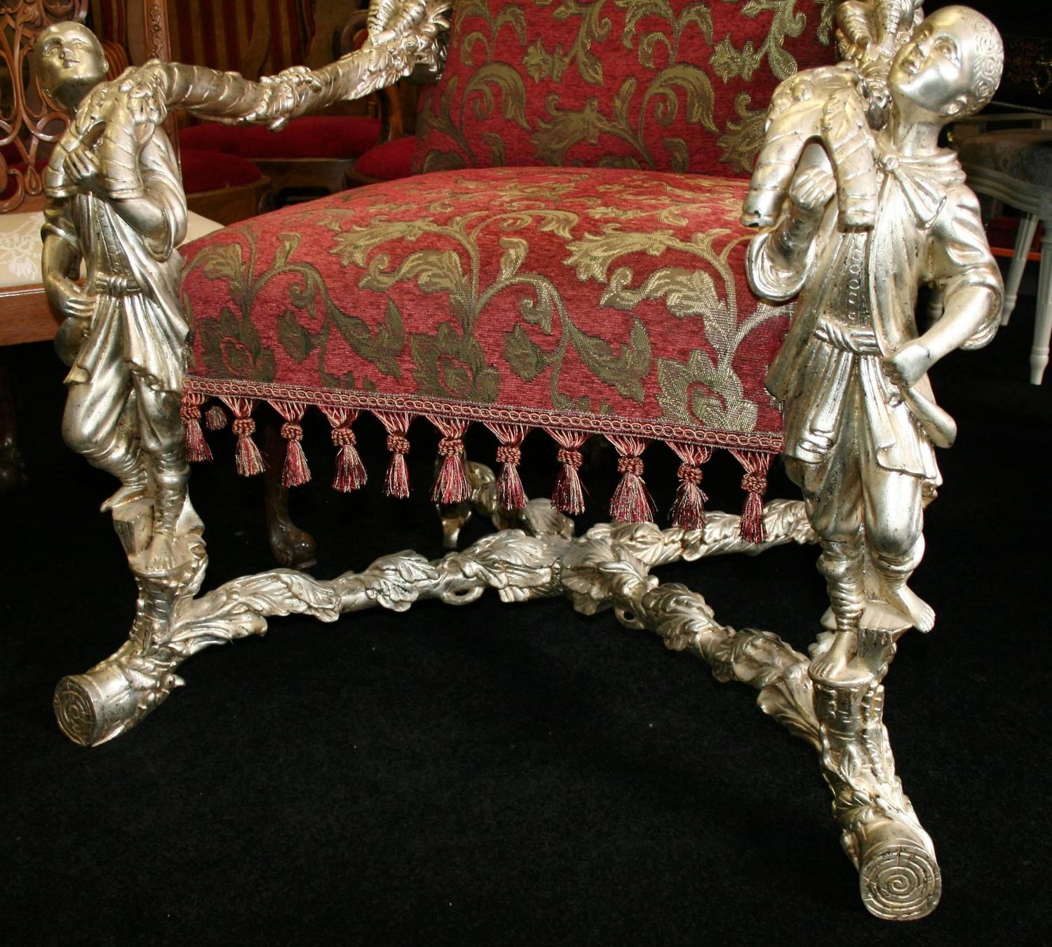 Ornate Carved Wood Silver Leaf Throne Chair For Sale at 1stdibs