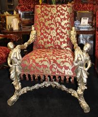 Ornate Carved Wood Silver Leaf Throne Chair