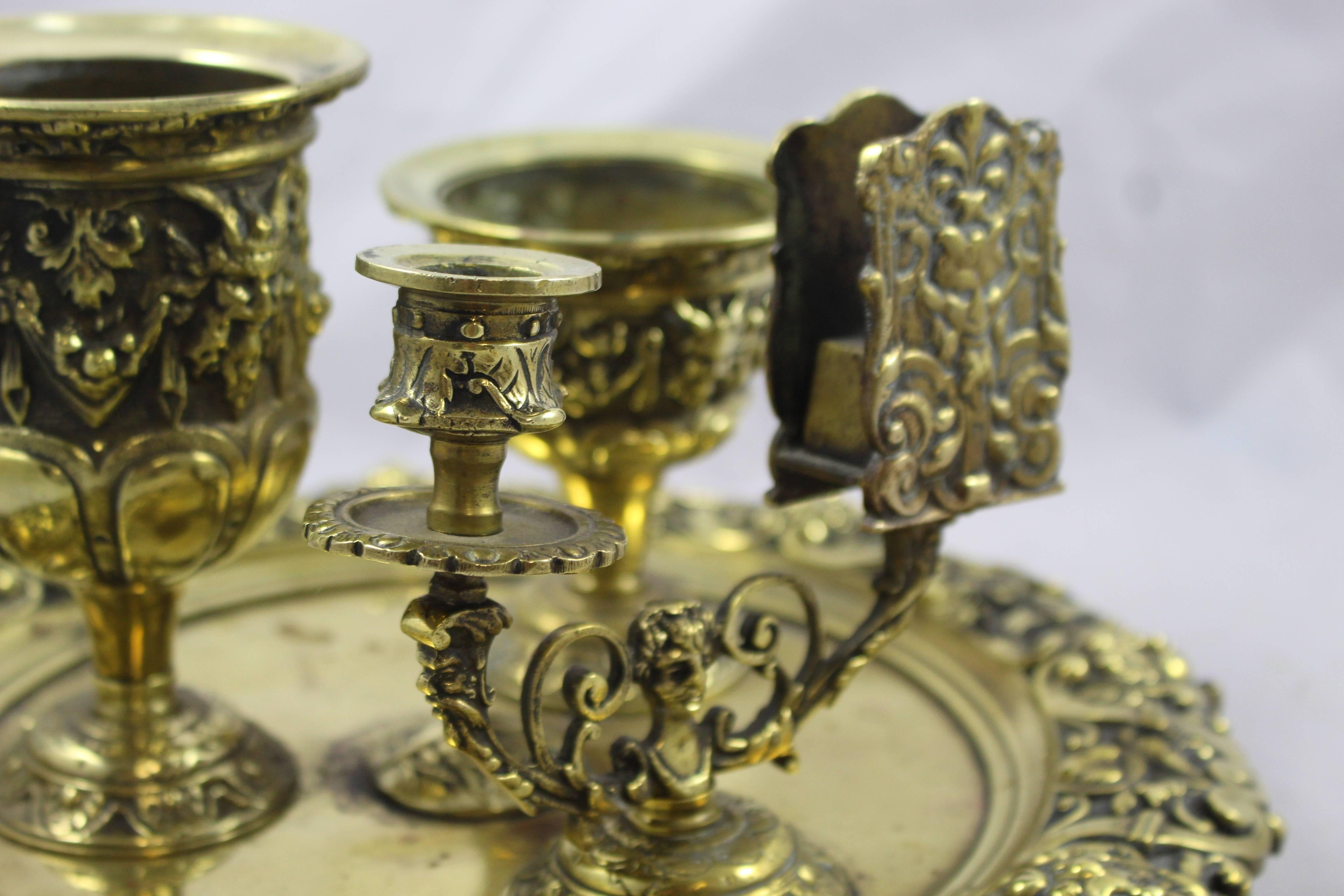 19th Century Antique Victorian Brass Inkwell and Writing Desk Set For Sale