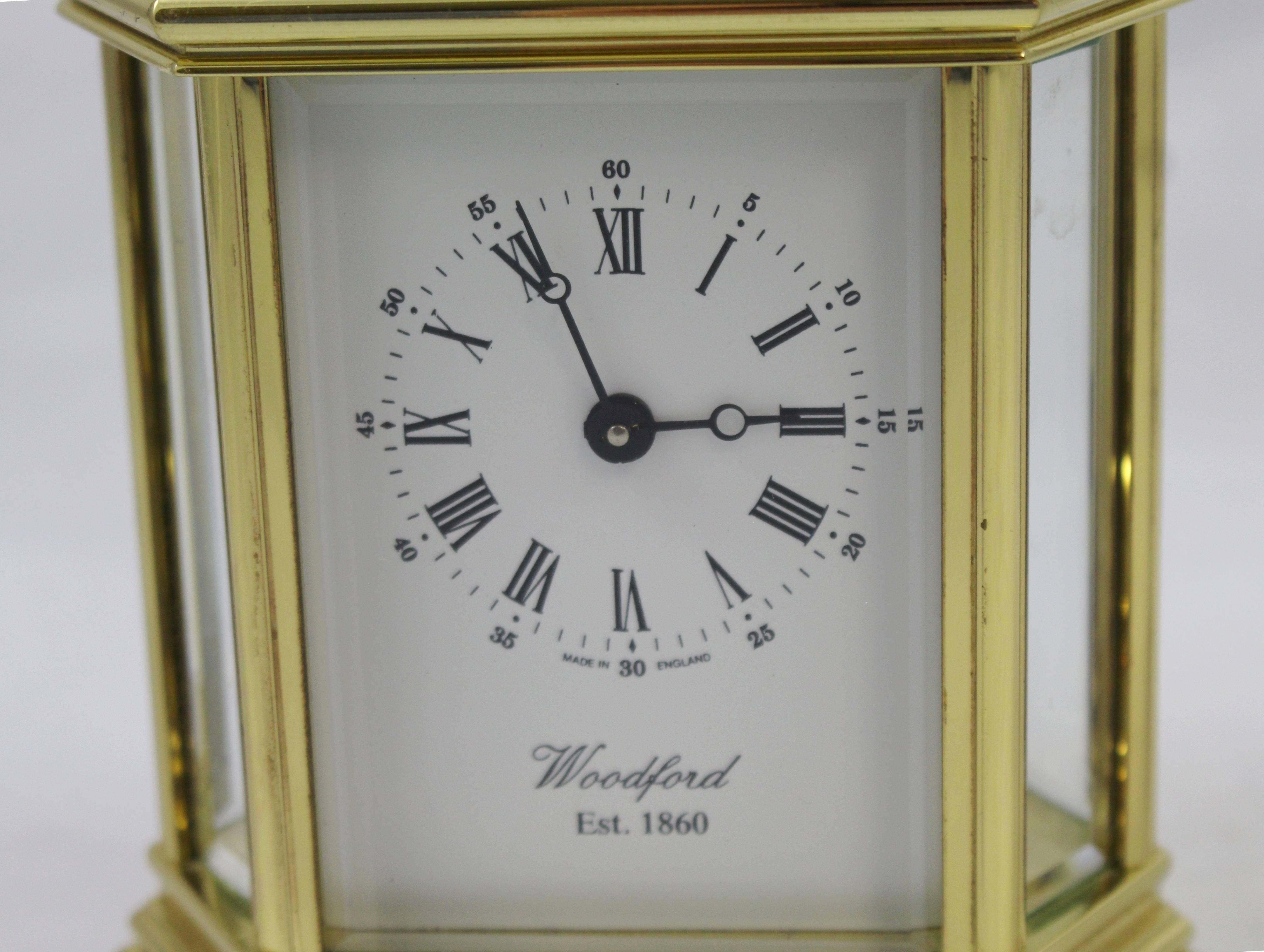 20th Century Woodford England Hexagonal Gold-Plated Mechanical Carriage Clock