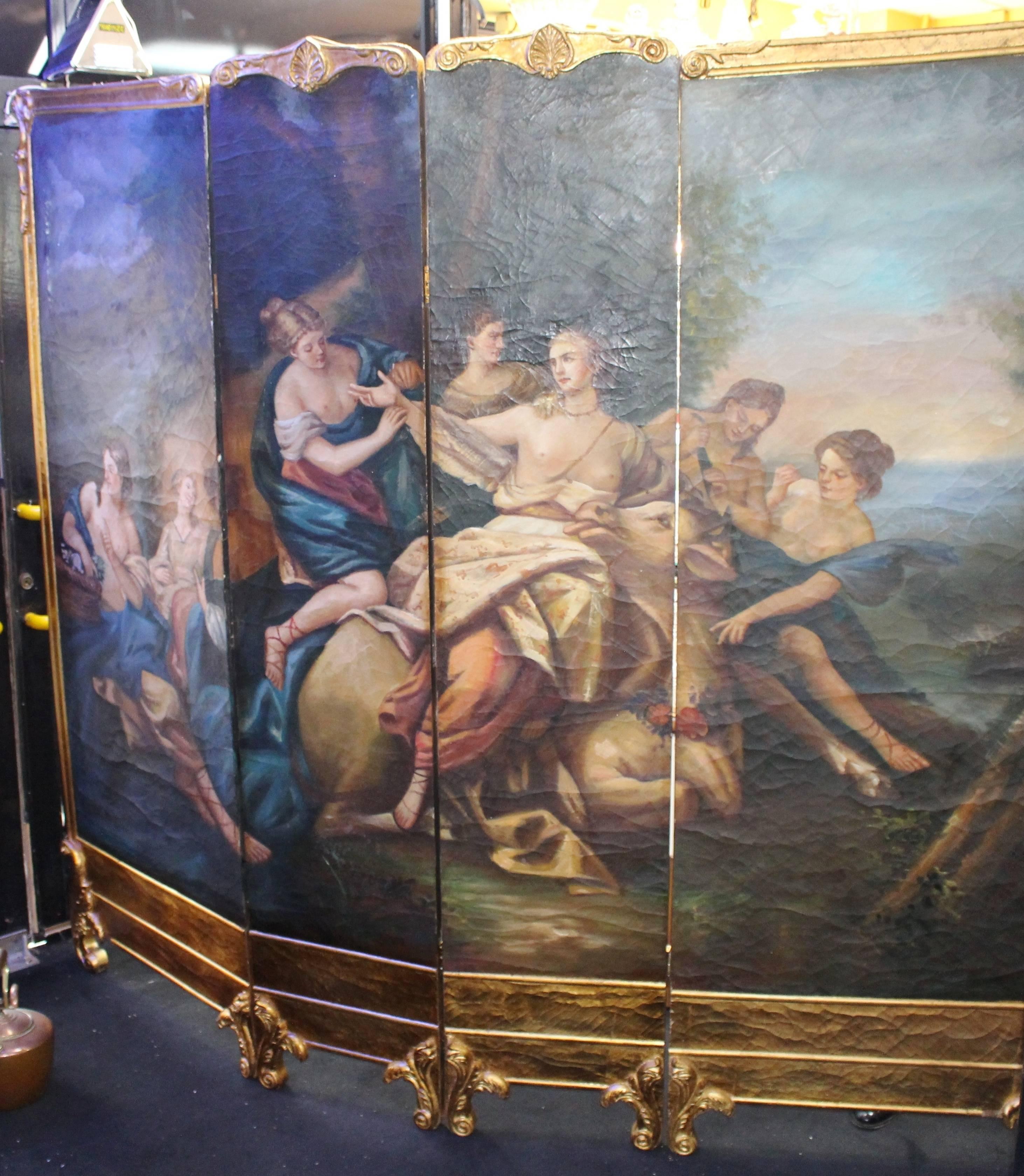 Measures: Width 239 cm 94 in
Height 209 82 1/4 in

Four fold screen
Decoration hand-painted classical style scenes to the panels with gilt surround
Condition Good condition commensurate with age.

Fine handsome large classical style four fold