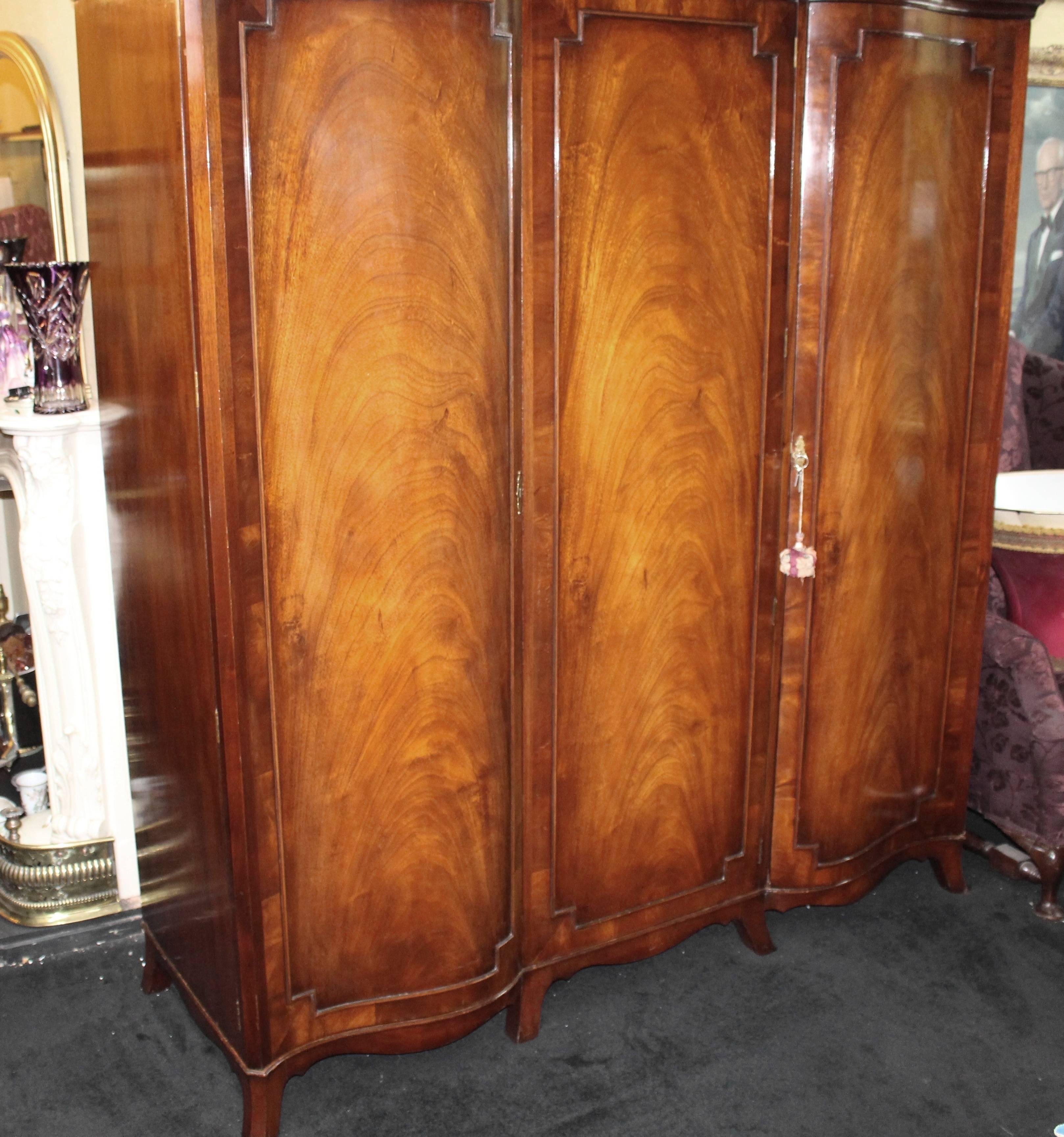 Quality Flame Mahogany Serpentine Fronter Triple Wardrobe Armoire  1