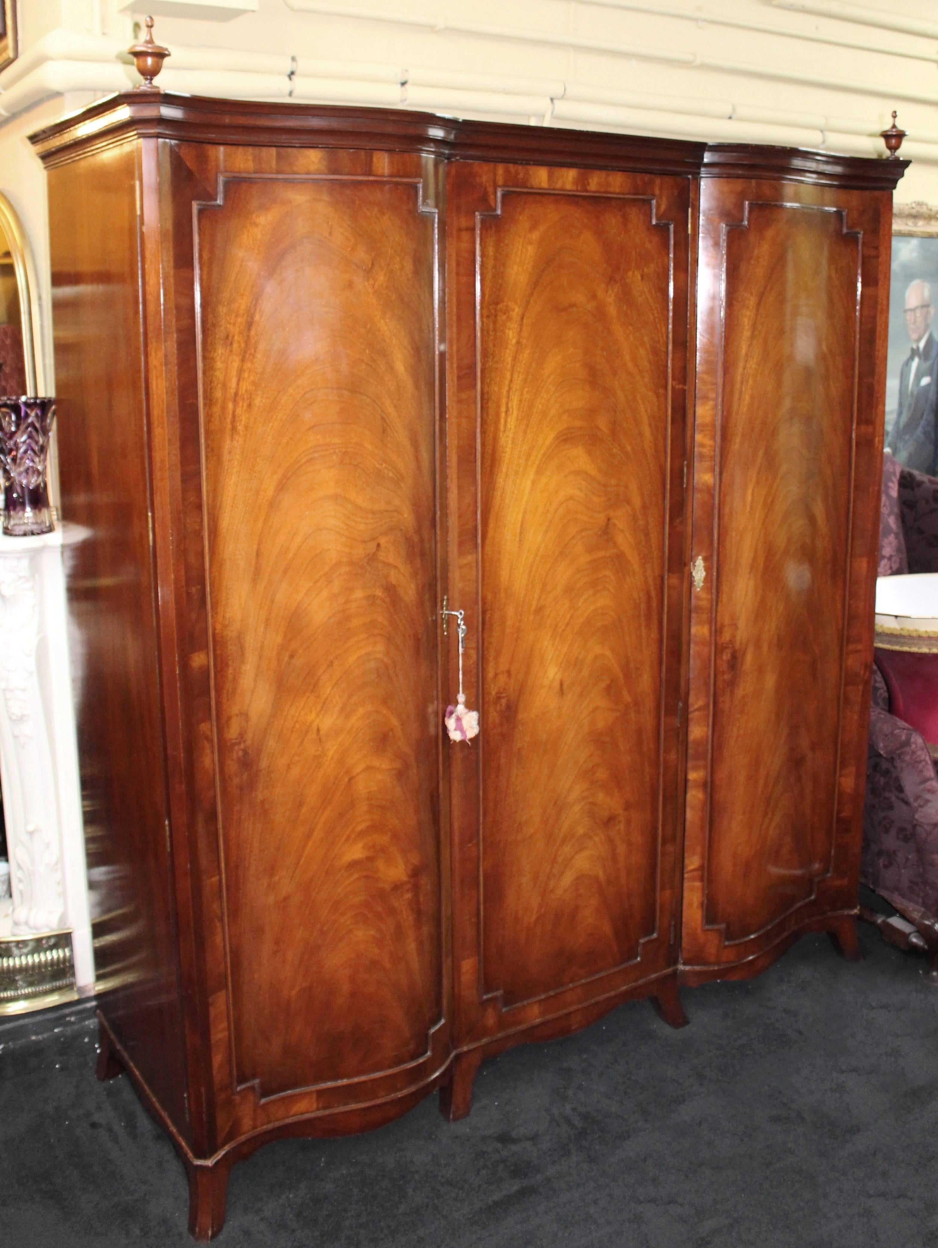 Quality Flame Mahogany Serpentine Fronter Triple Wardrobe Armoire 