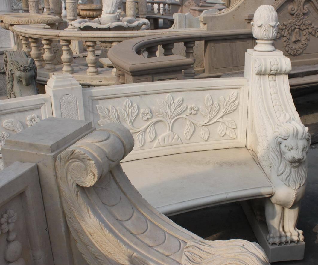 Measures: Width 4 m 13 ft 1 1/2 in,
depth 130 cm 51 in,
height 130 cm 51 in.




Composition Hunan marble
Style Greco-Roman style




Very heavy carved crescent shaped antique style white marble bench

There is a six week lead time on