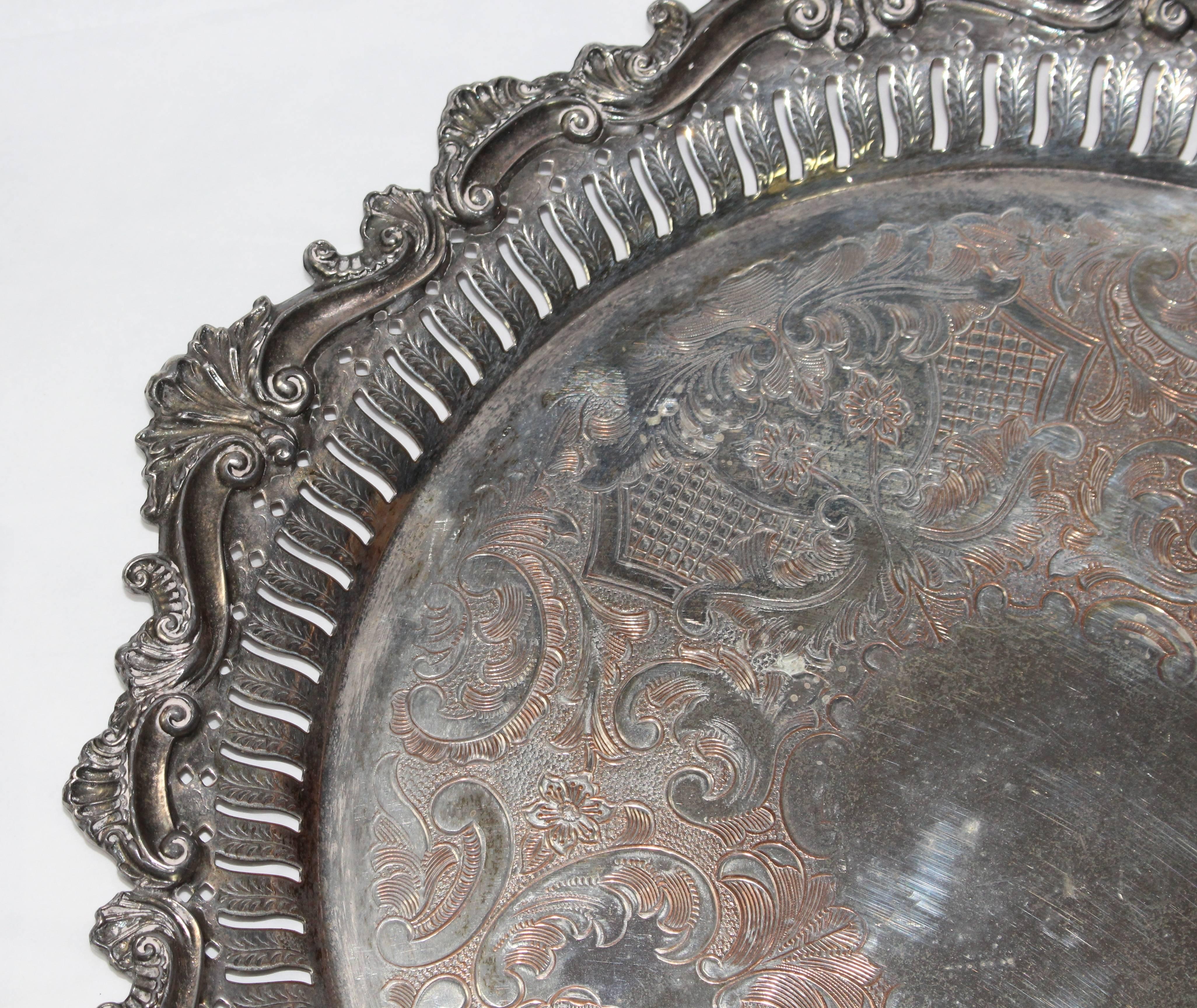 Heavy Ornate Engraved Antique Silver Plated on Copper Charger Tray 1