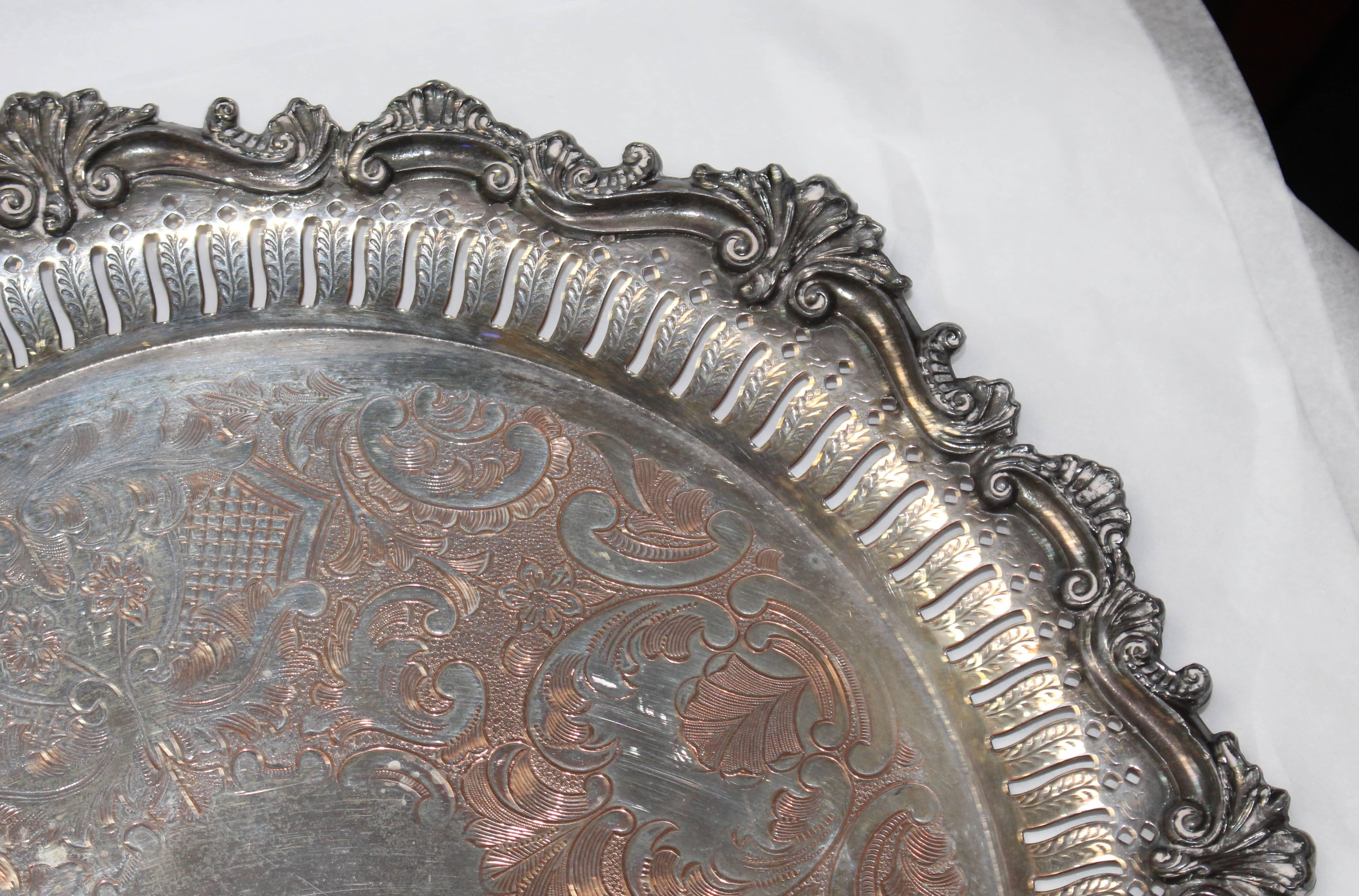19th Century Heavy Ornate Engraved Antique Silver Plated on Copper Charger Tray