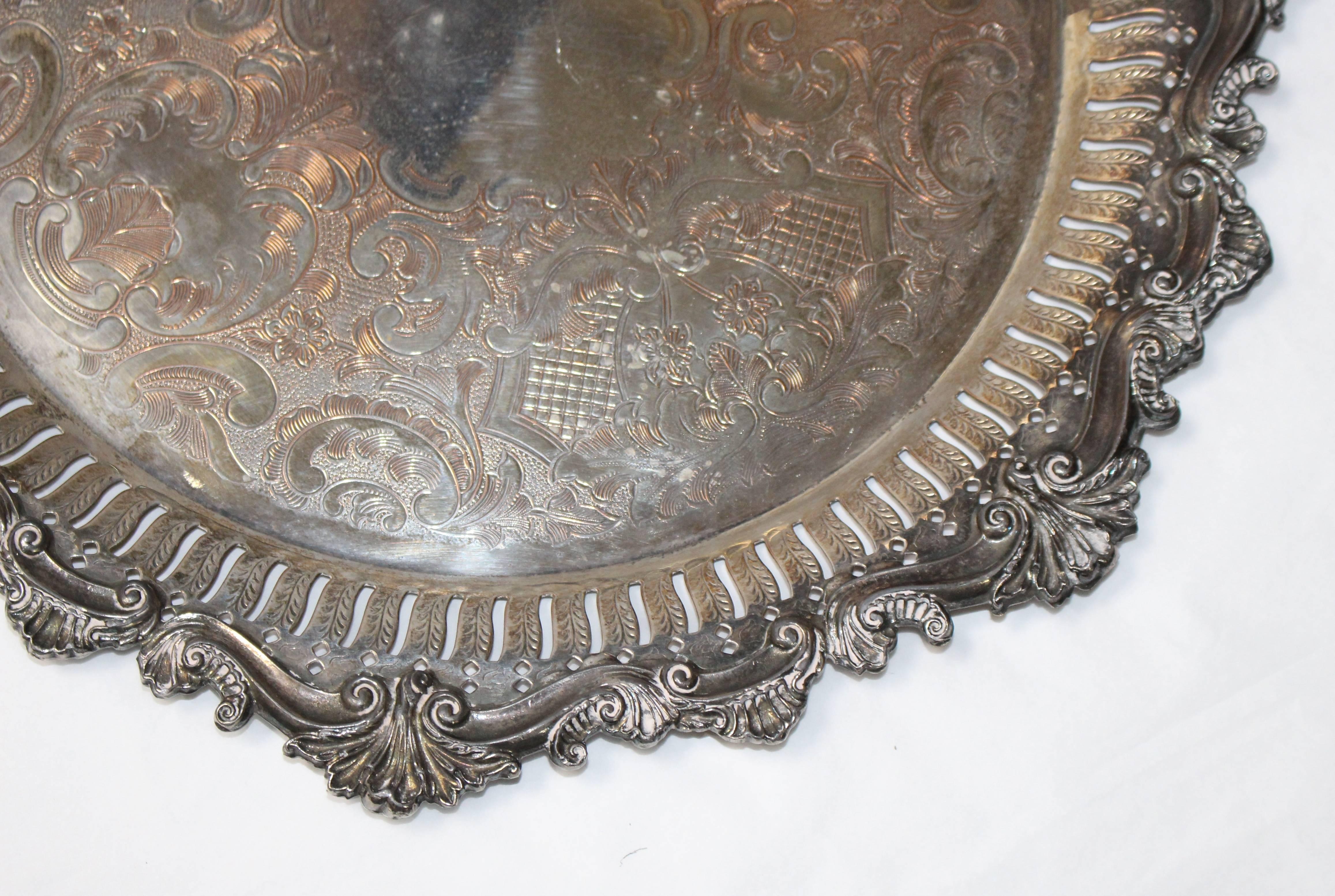 Heavy Ornate Engraved Antique Silver Plated on Copper Charger Tray 2