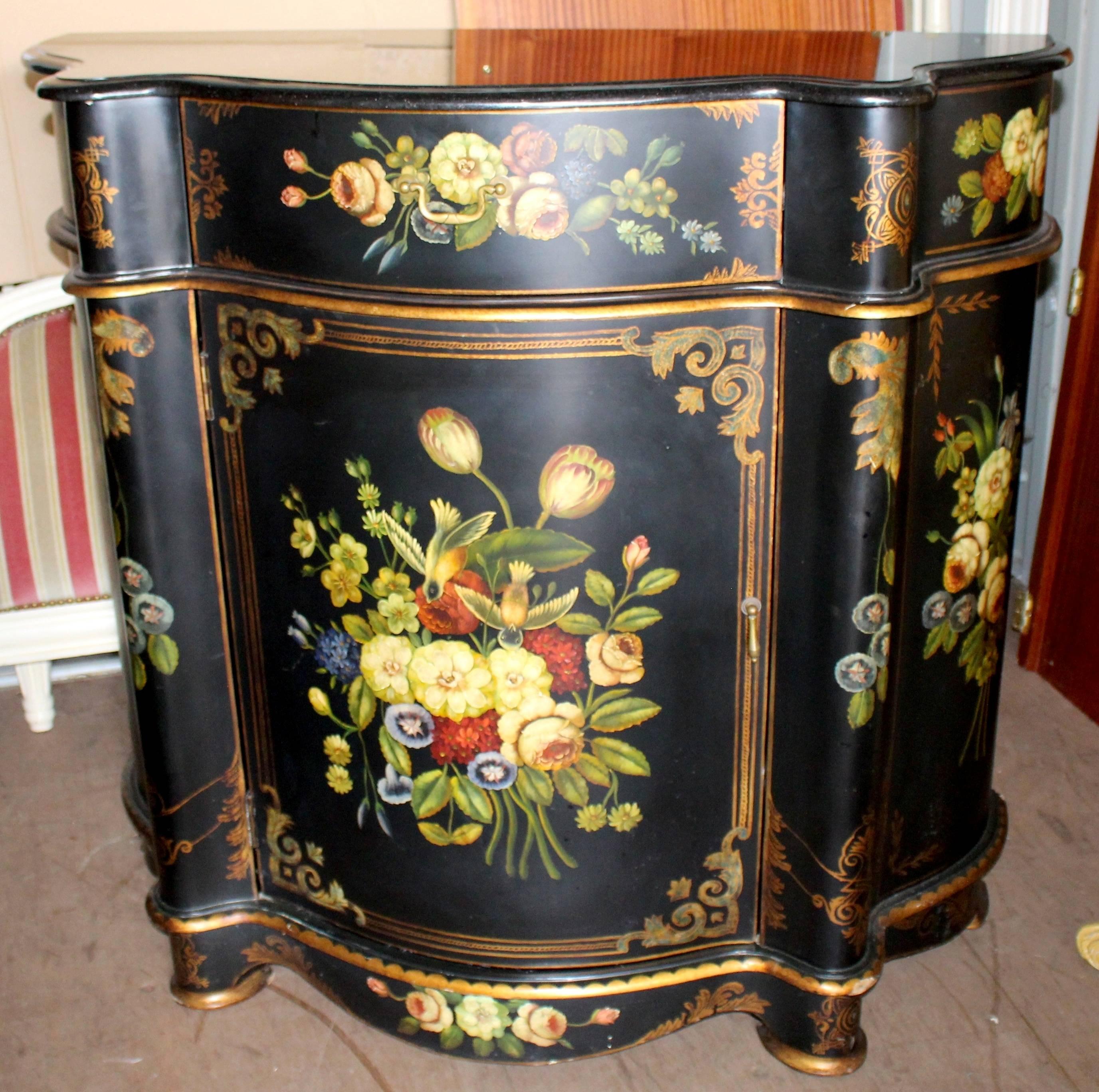 Measures: Width 109 cm 43 in
Depth 45 cm 17 3/4 in
Height 103 cm 40 1/2 in




Period 20th century.
Wood black lacquered finish with hand-painted Dutch style motifs and gilded detail
Condition Very good condition. One or two small marks to