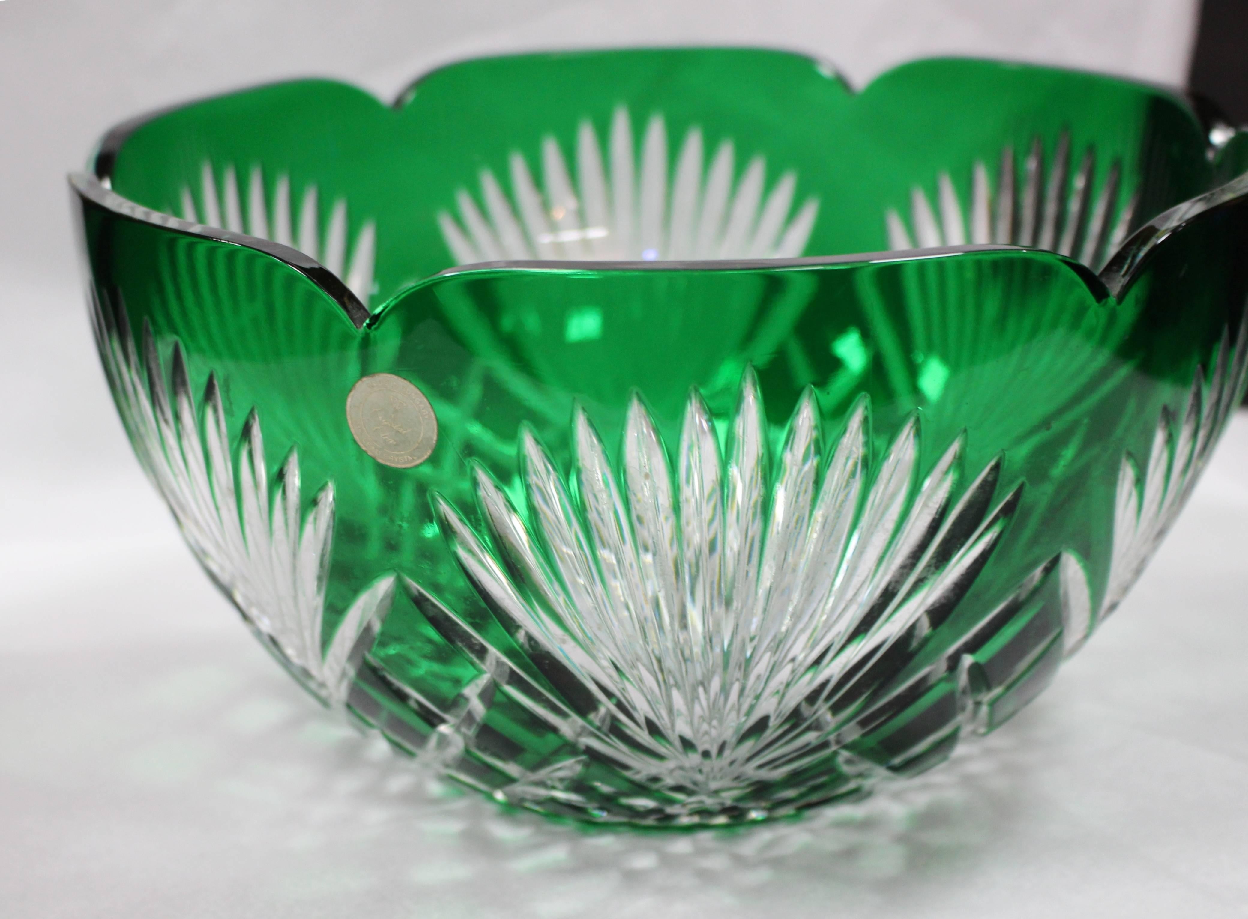 20th Century Large Cut-Glass Green Overlay Crystal Bowl