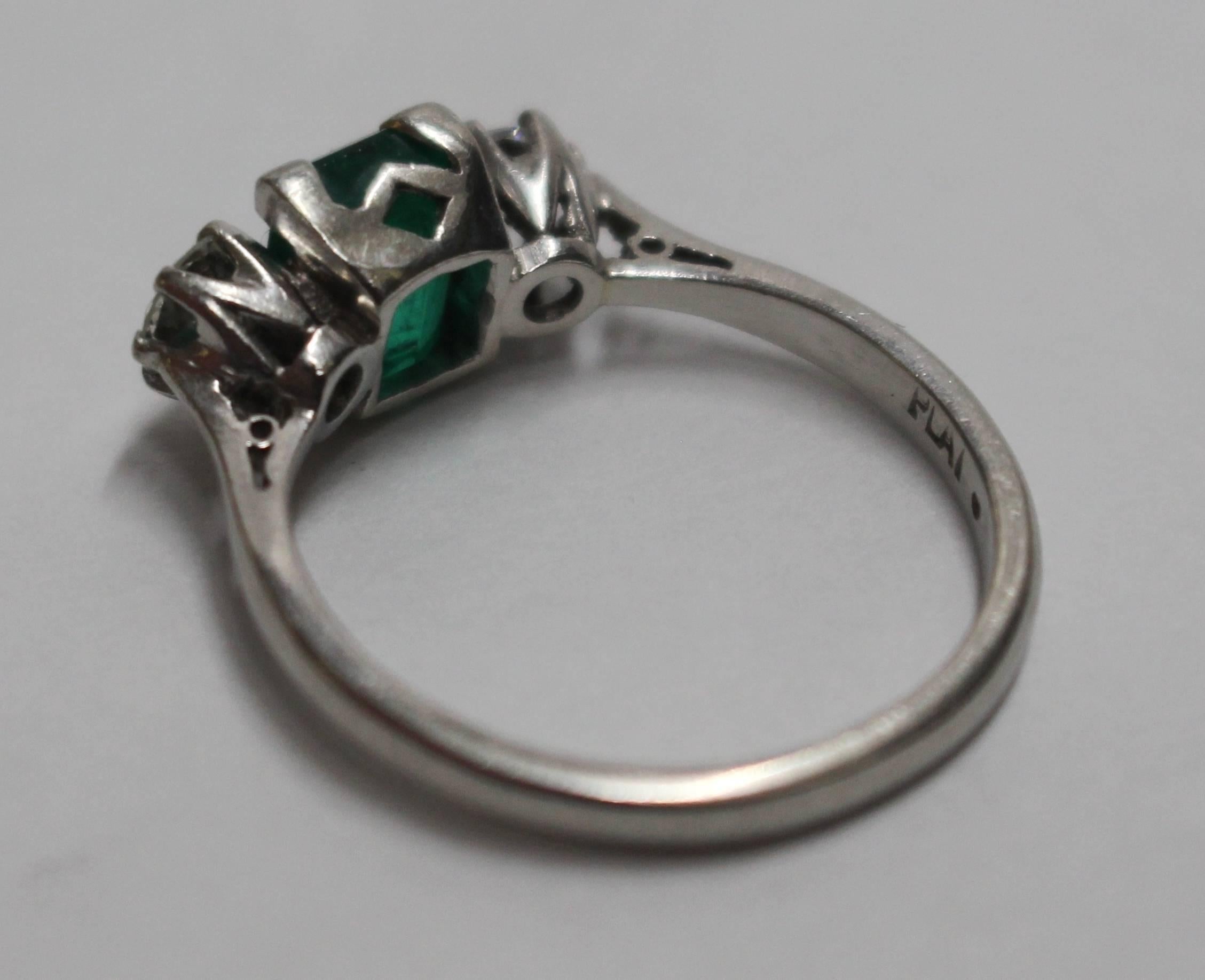 Emerald and Diamond Three-Stone Platinum Ring In Excellent Condition In Worcester, Worcestershire