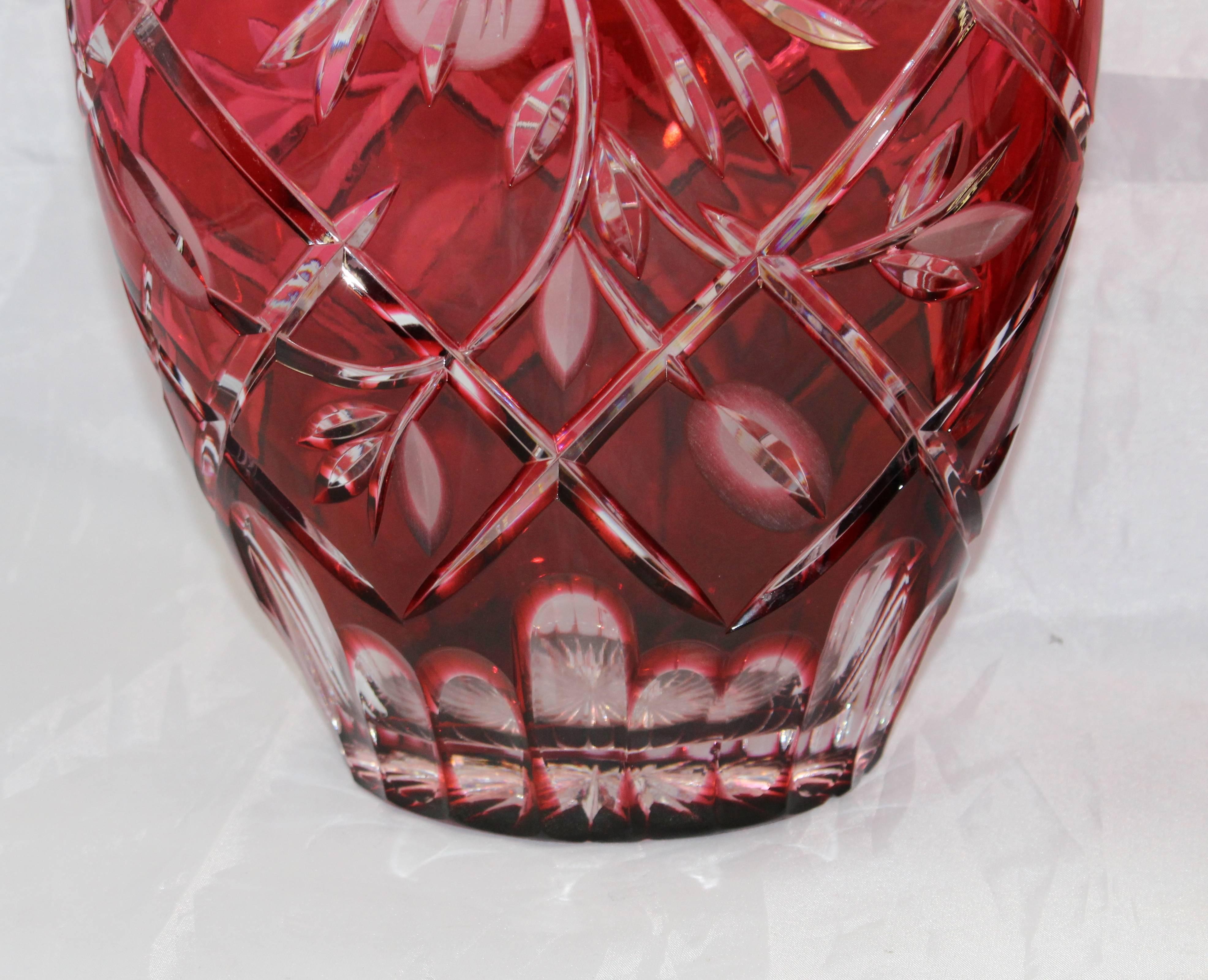 20th Century Pair of Ruby Cut Glass Overlay Crystal Ovoid Vases