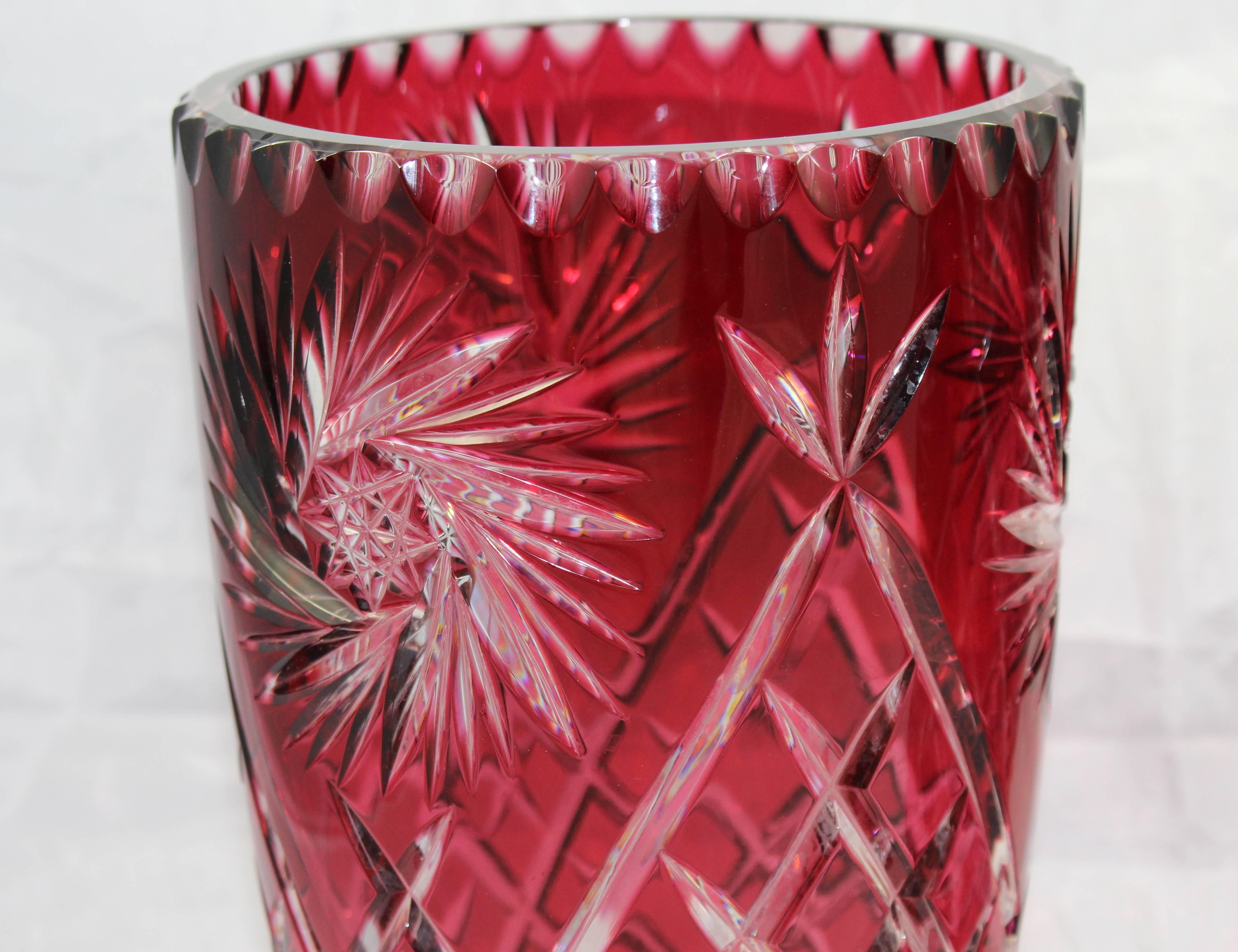 European Pair of Ruby Overlay Crystal Cut Glass Vases